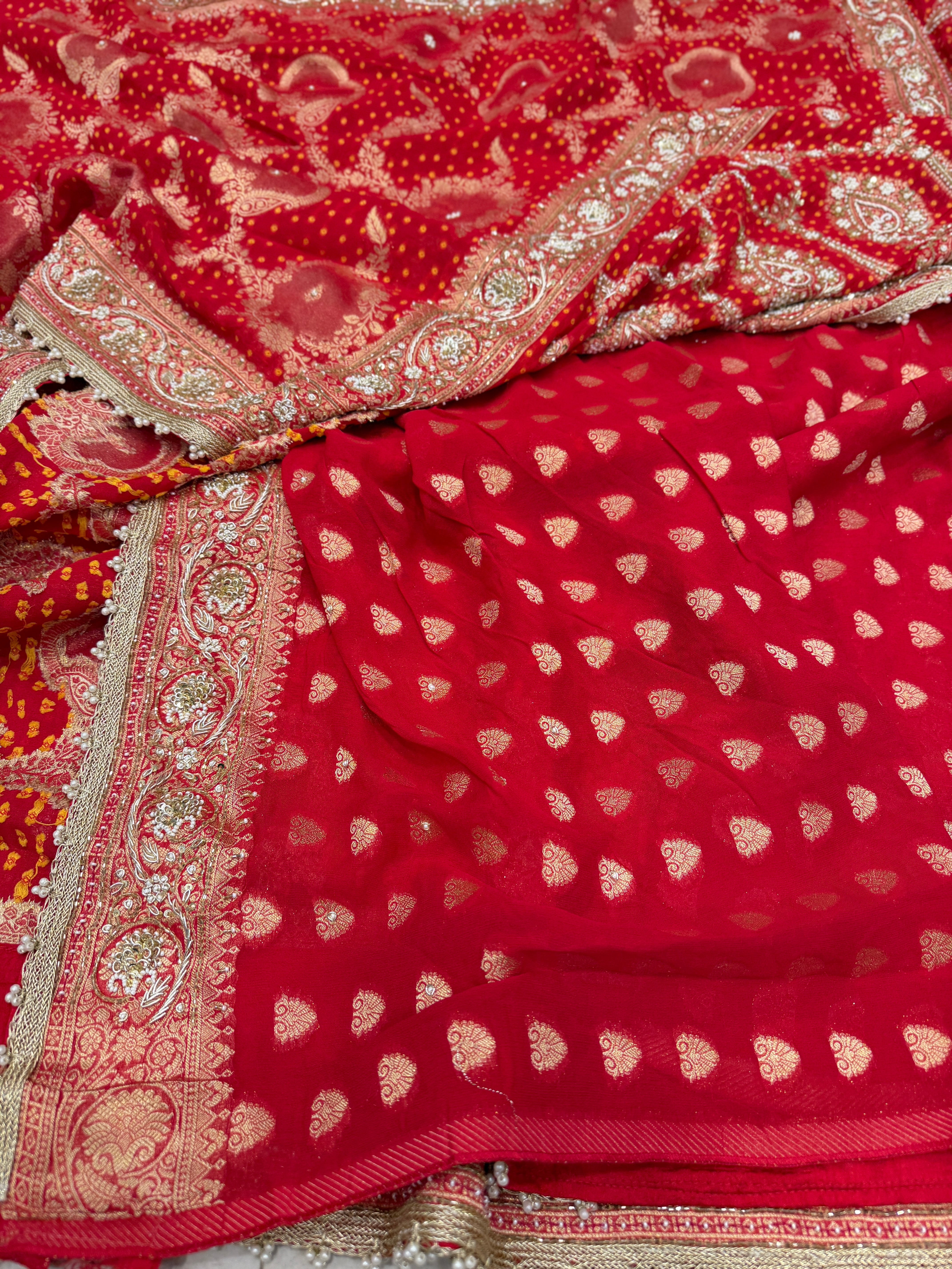 Red Woven Bandhej Zardodi Moti Hand Embroidery Saree