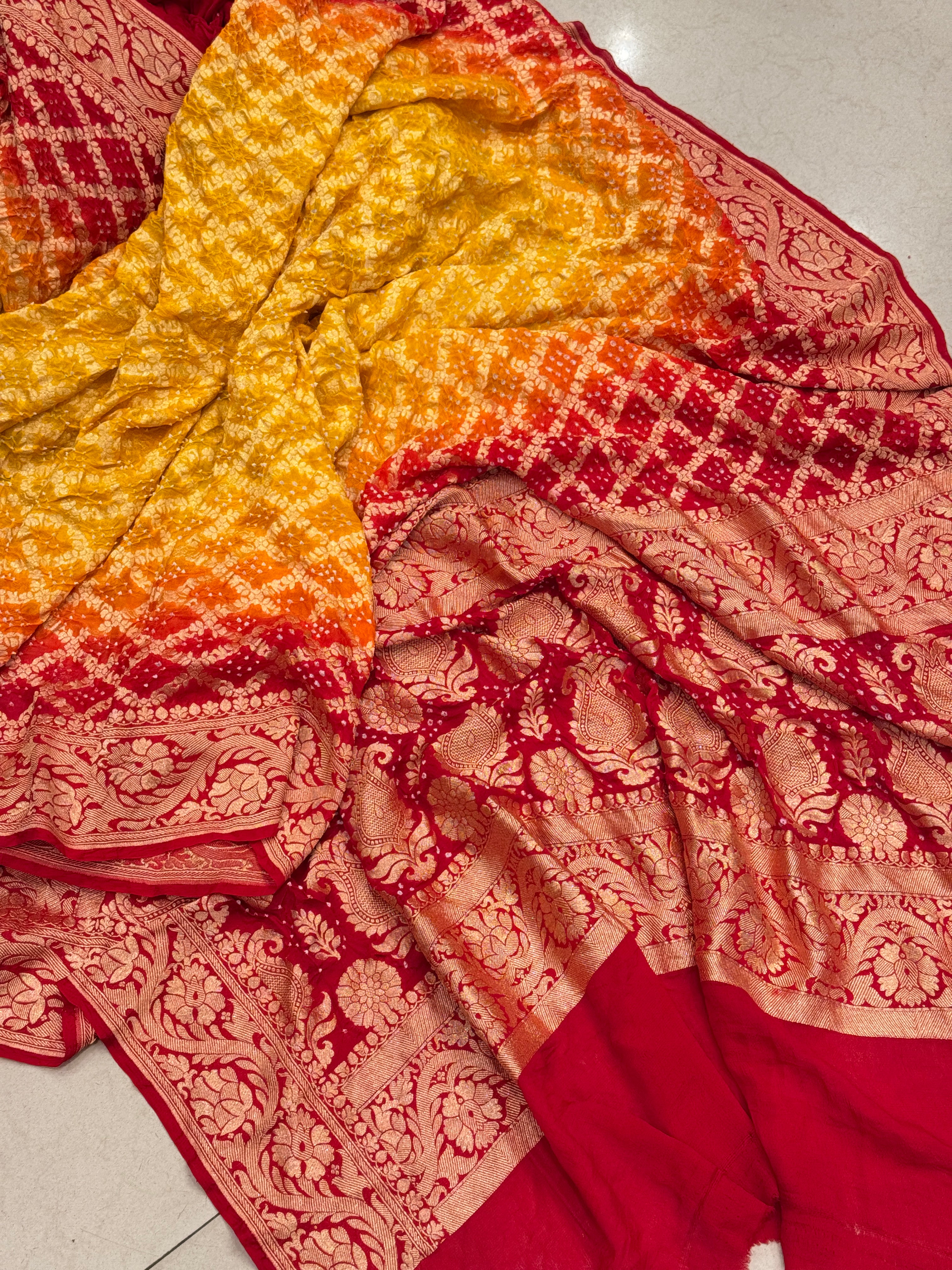 Yellow Red Shaded Bandhej Bandhini Saree