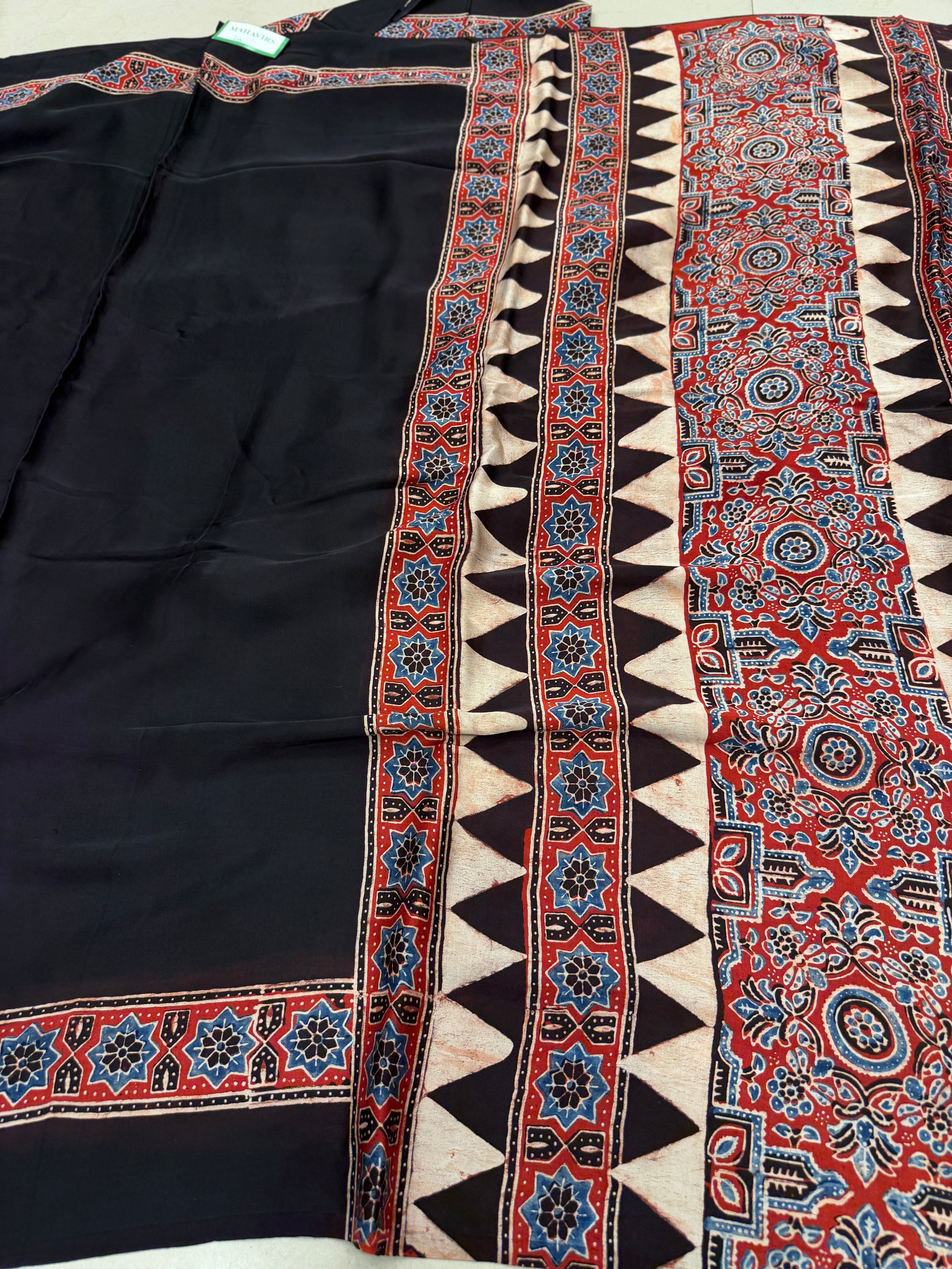 Black Plain Red Blue Pallu Ajrakh Hand Block Print Pure Modal Silk Saree