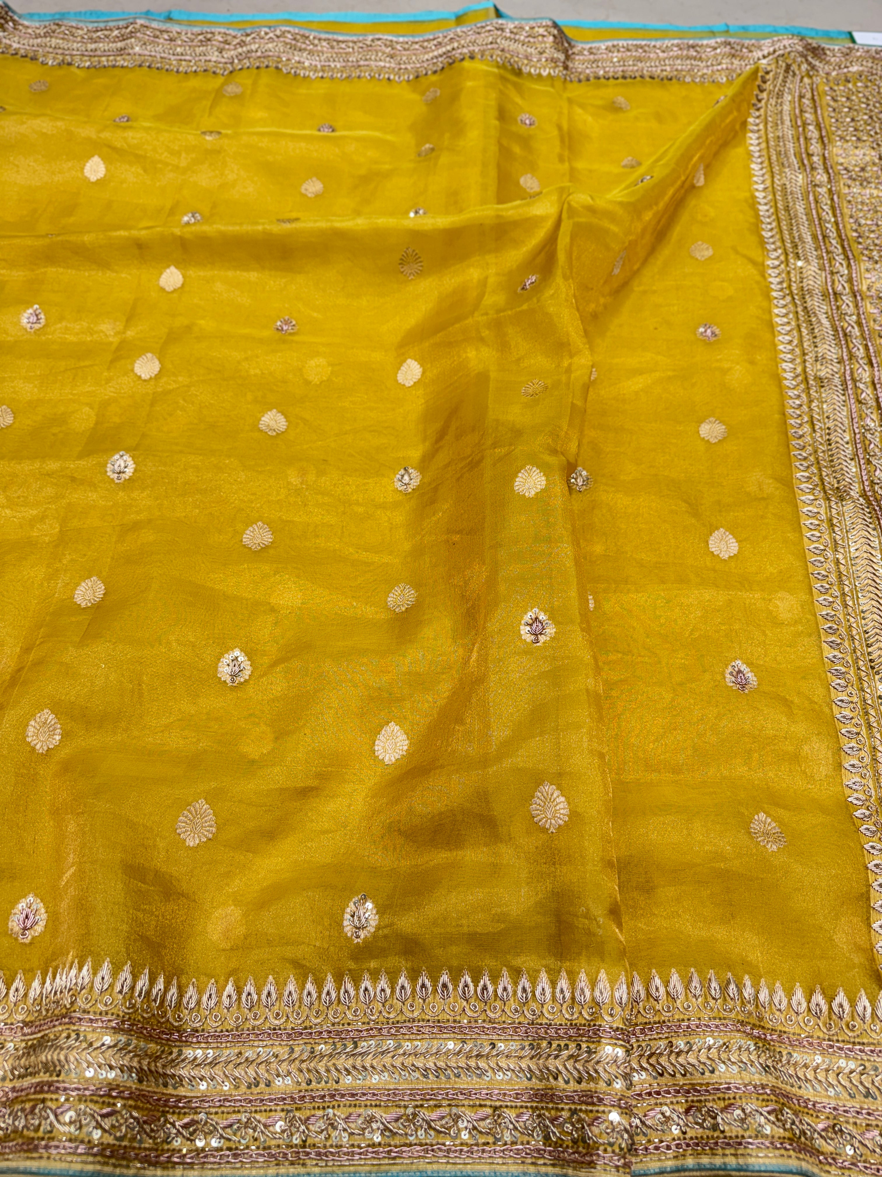 Yellow Banarasi Tissue Handloom Kadwa Weave Zardosi Embroidery Saree
