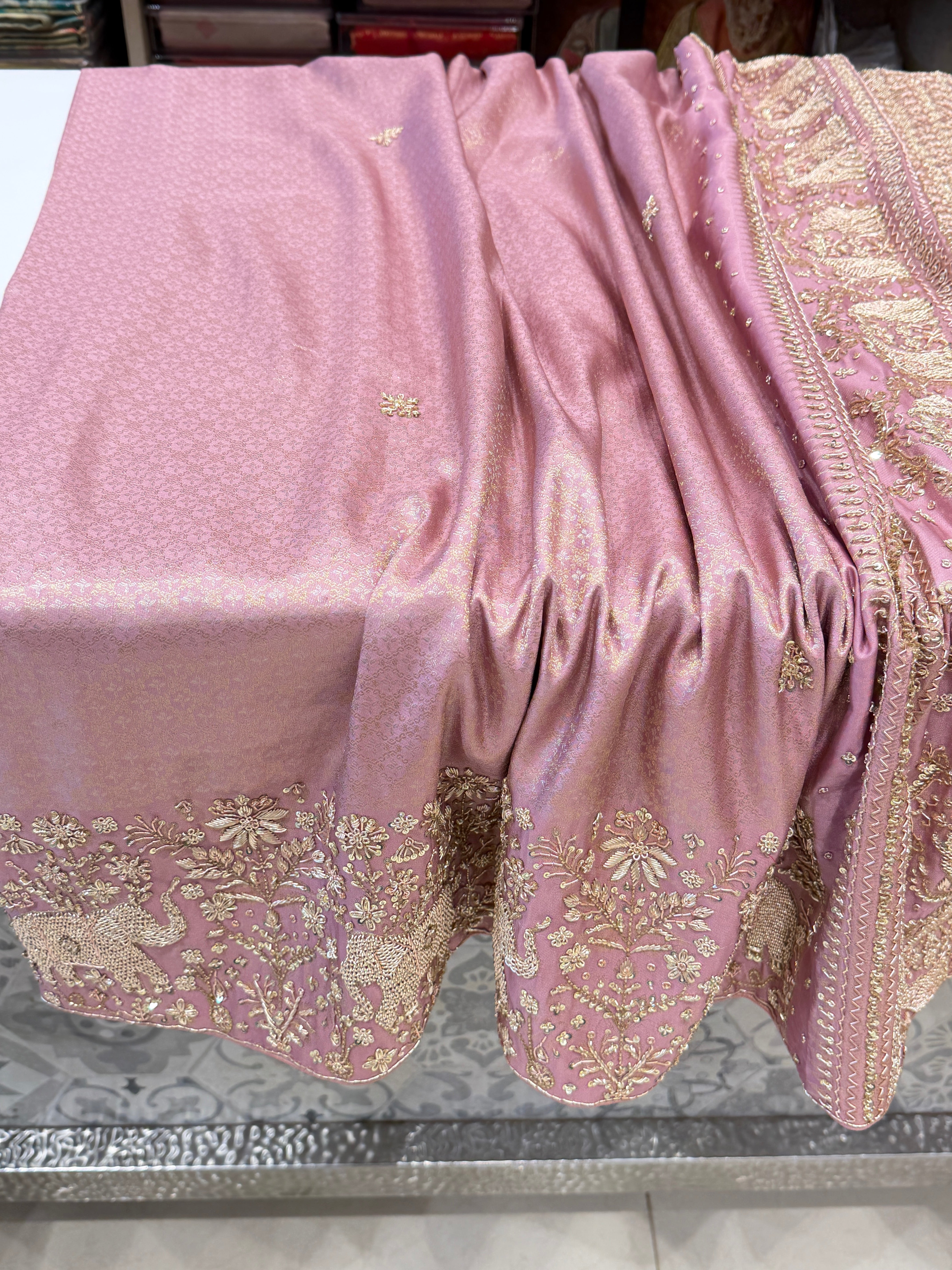 Light Pink Kanjivaram Elephant Motif Zardosi Hand Embroidery Saree