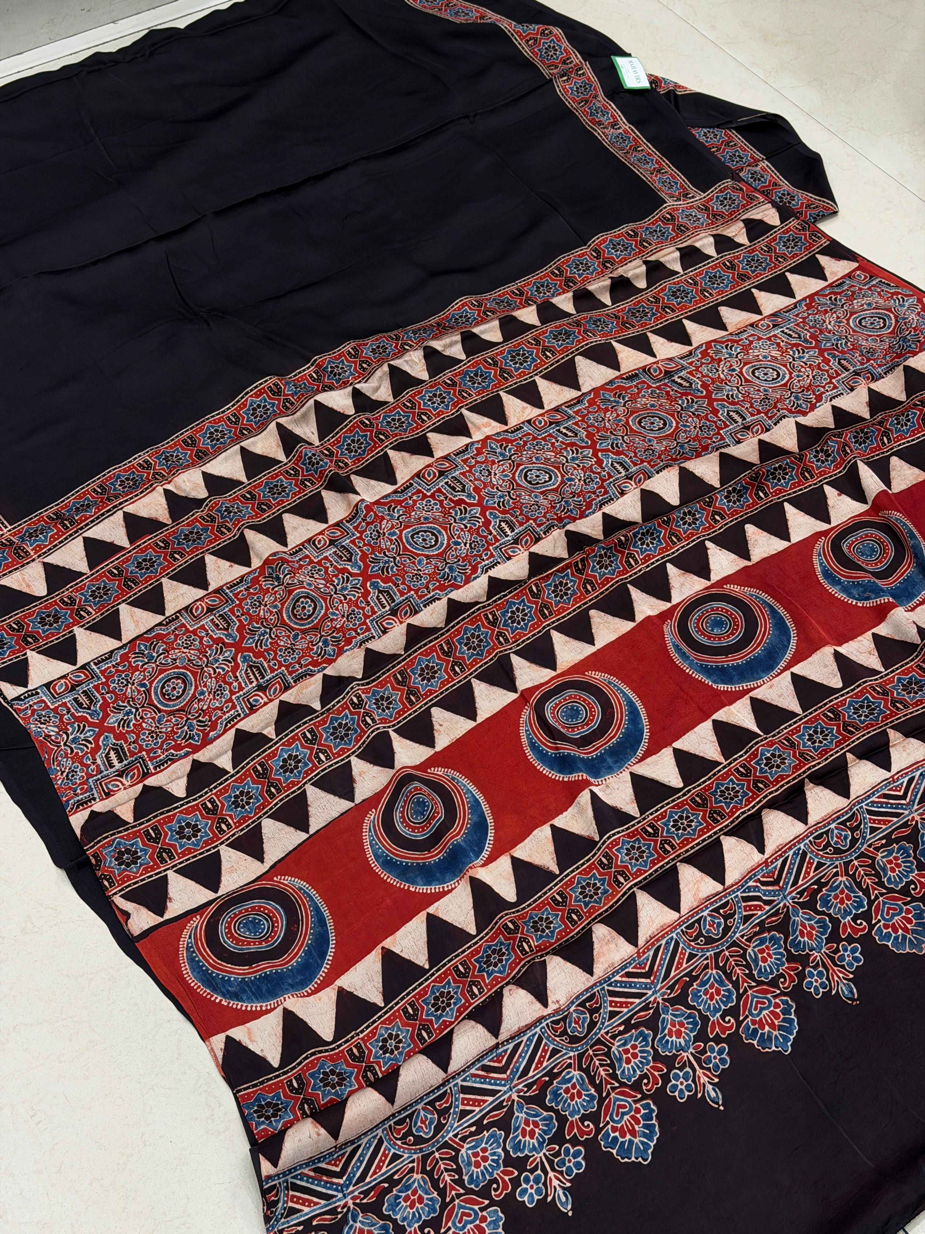 Black Plain Red Blue Pallu Ajrakh Hand Block Print Pure Modal Silk Saree