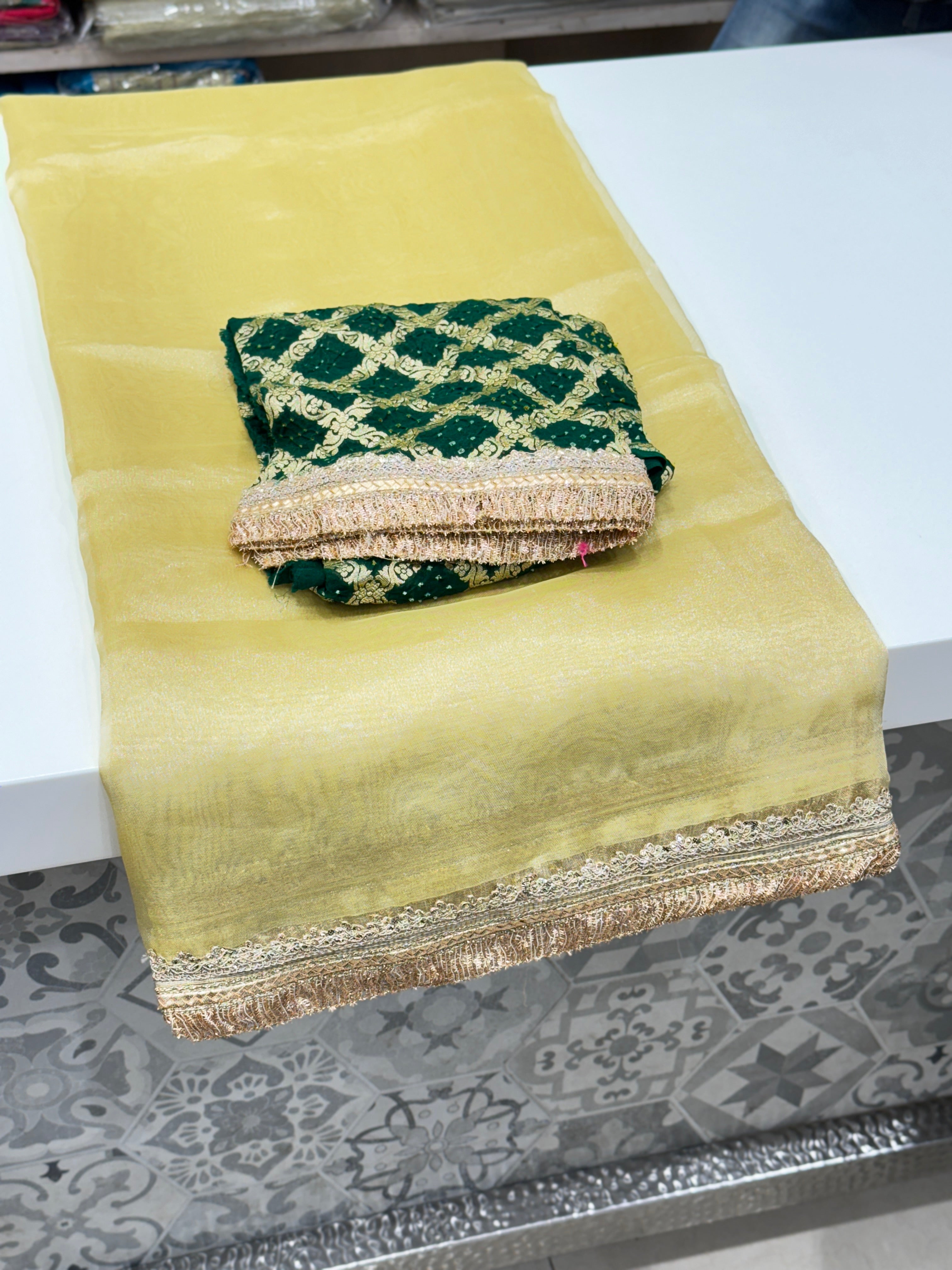 Pista Handloom Banarasi Tissue With Bandhej Blouse