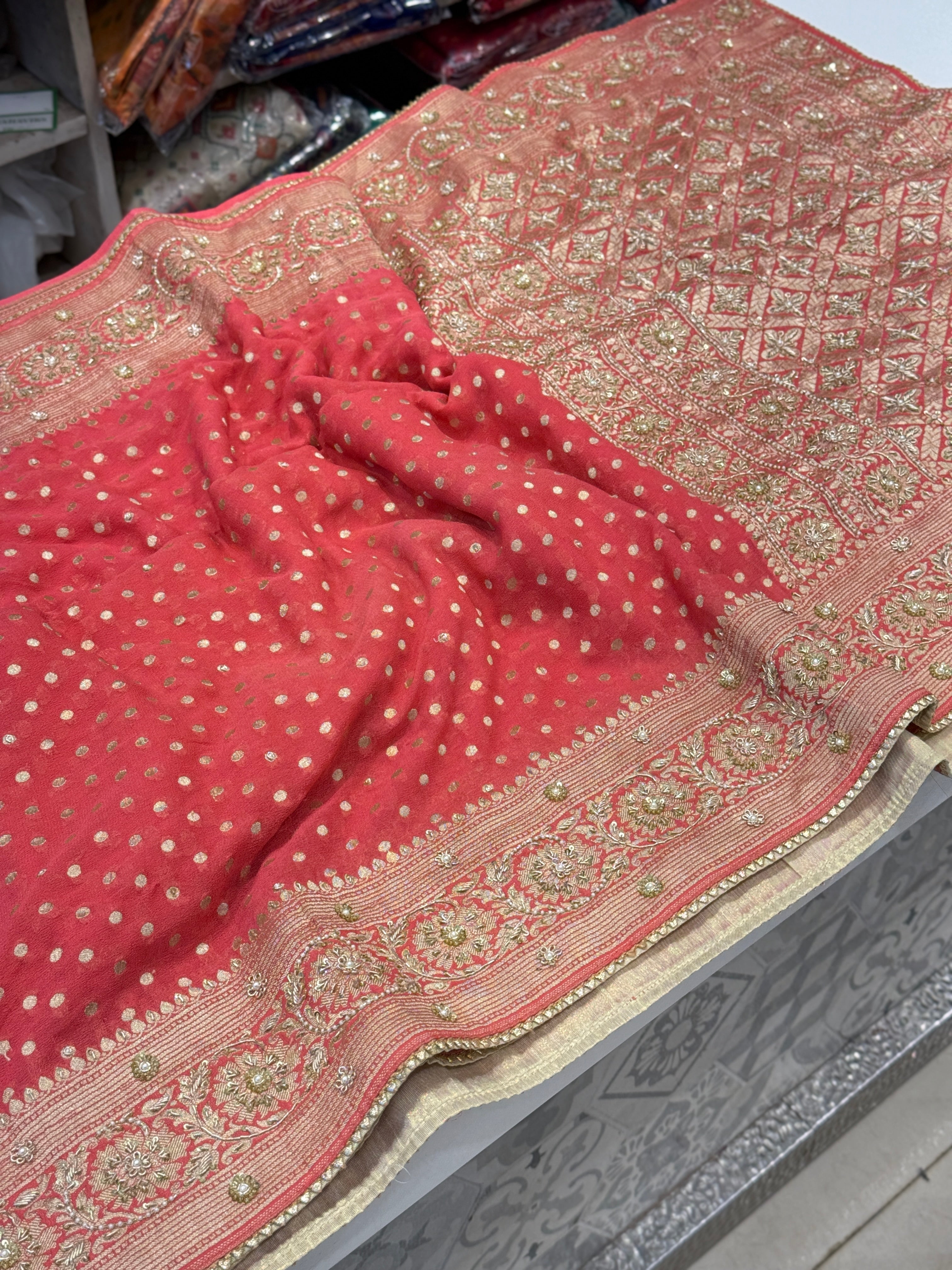 Peach Banarasi Khaddi Georgette Zardosi Embroidery Saree