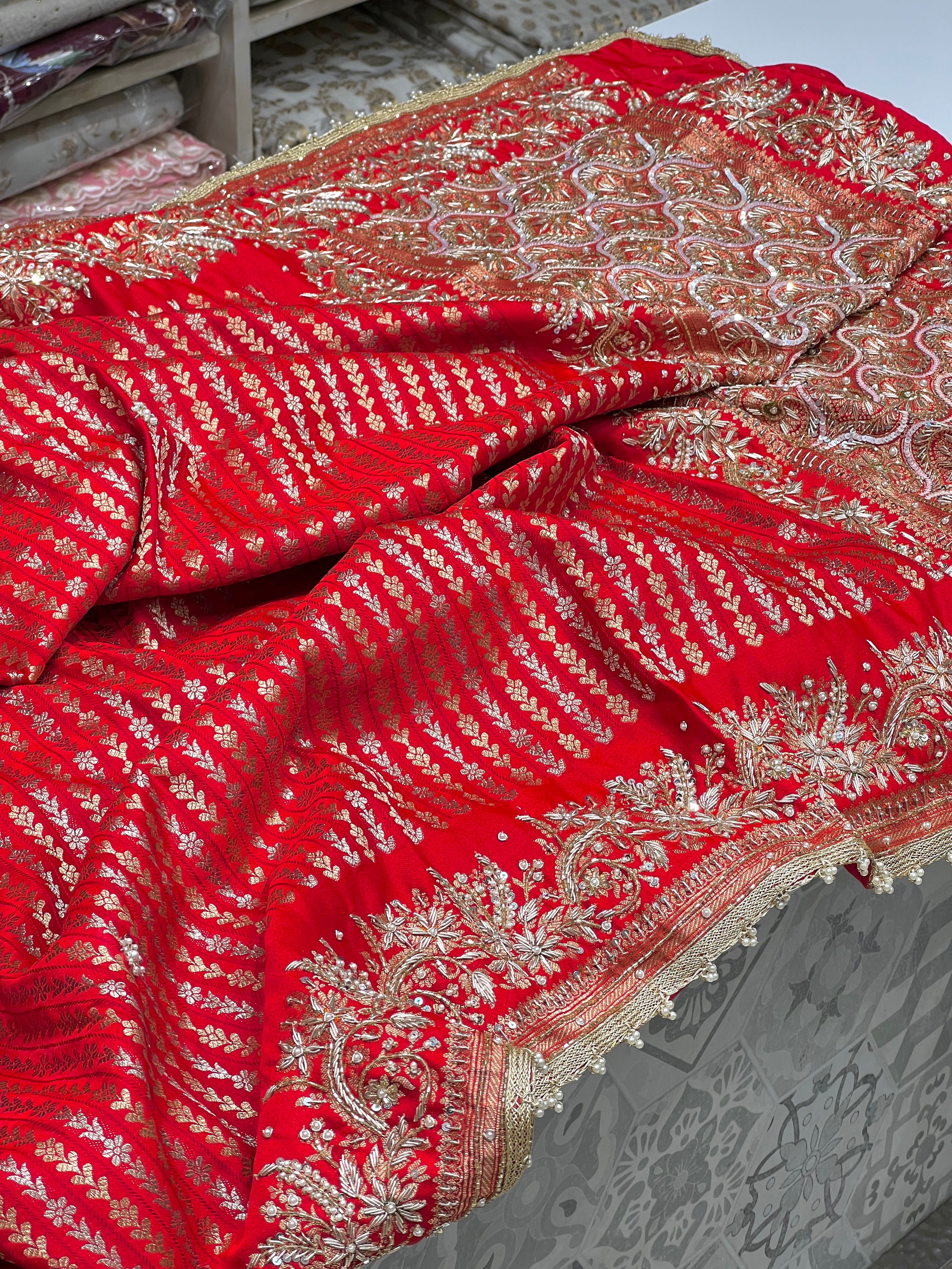 Red Banarasi Line Weave Hand Embroidery Saree