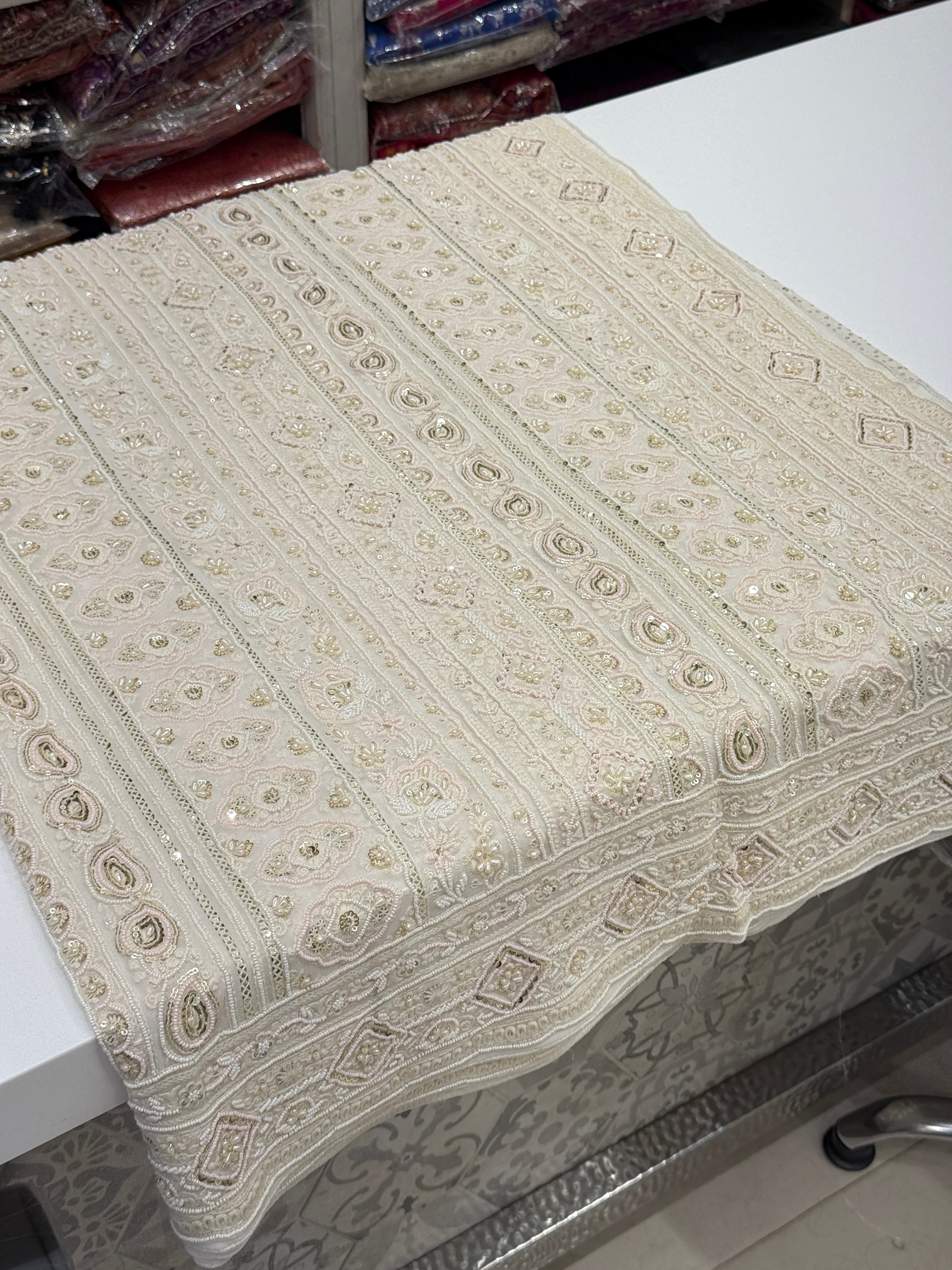 Off White Chikankari Moti Sequin Hand Embroidery Saree