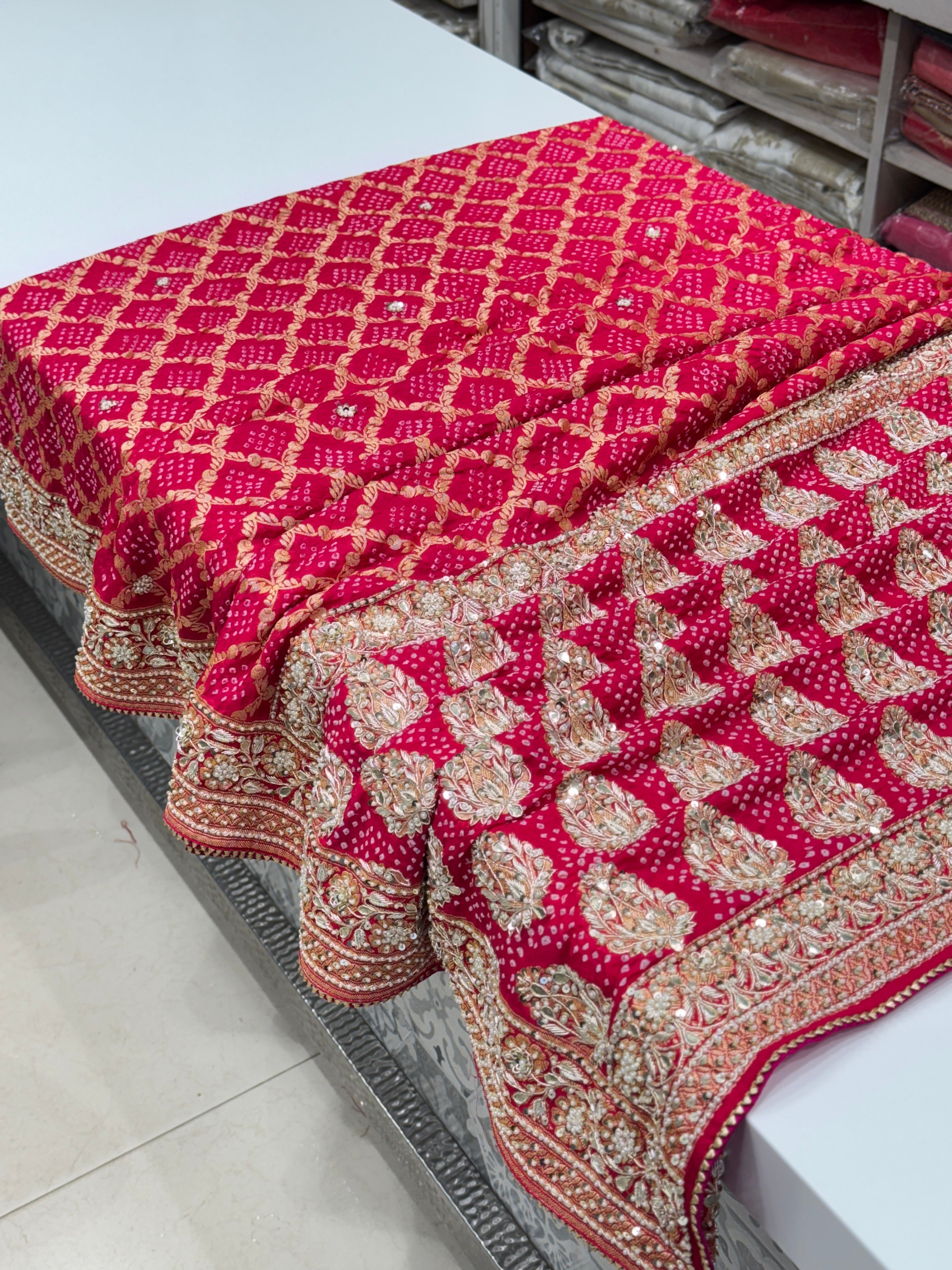 Strawberry Pink Bandhej Embroidery Saree