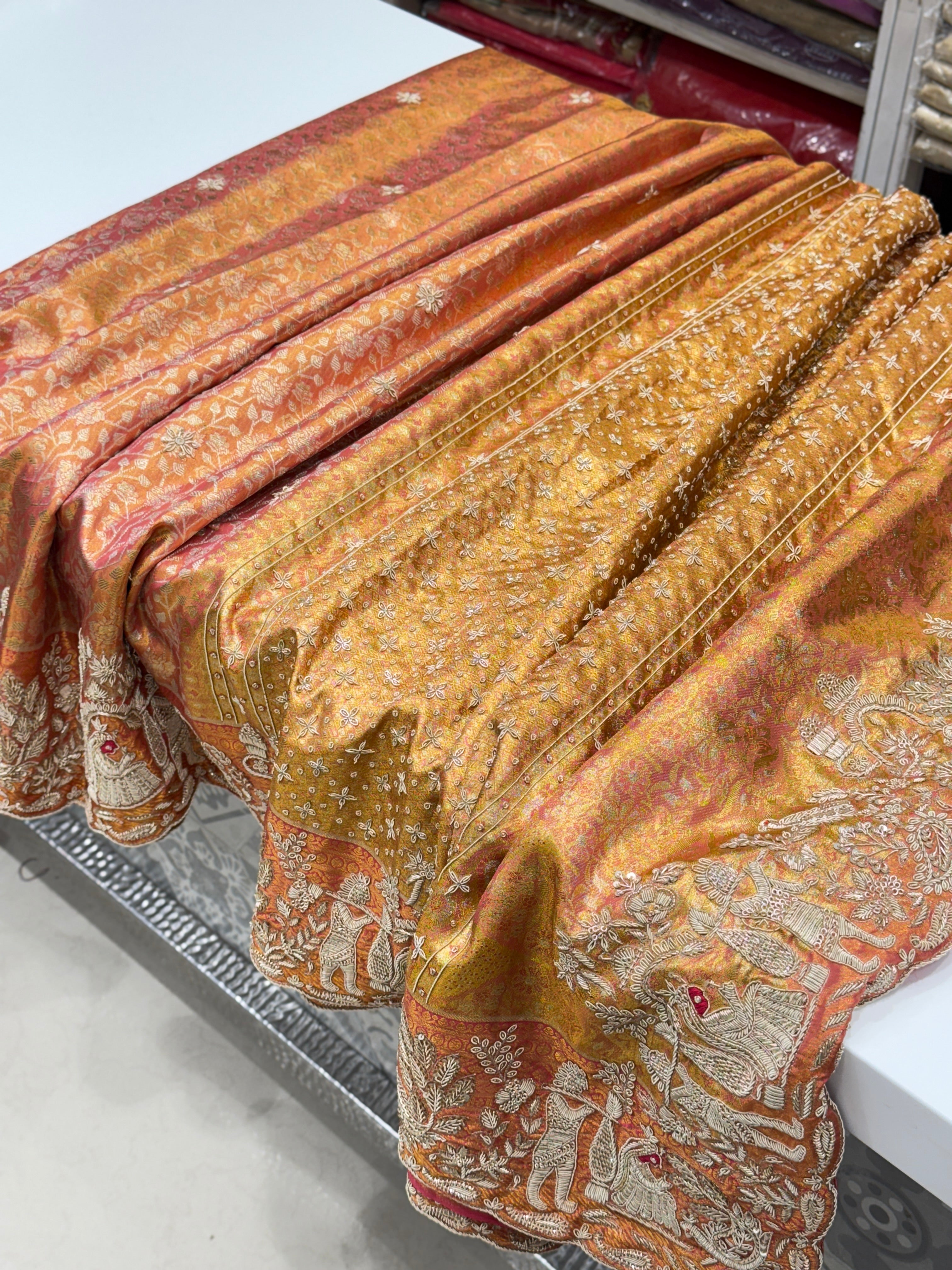 Rust Tissue Kanjivaram Zardosi Doli Hand Embroidery Saree