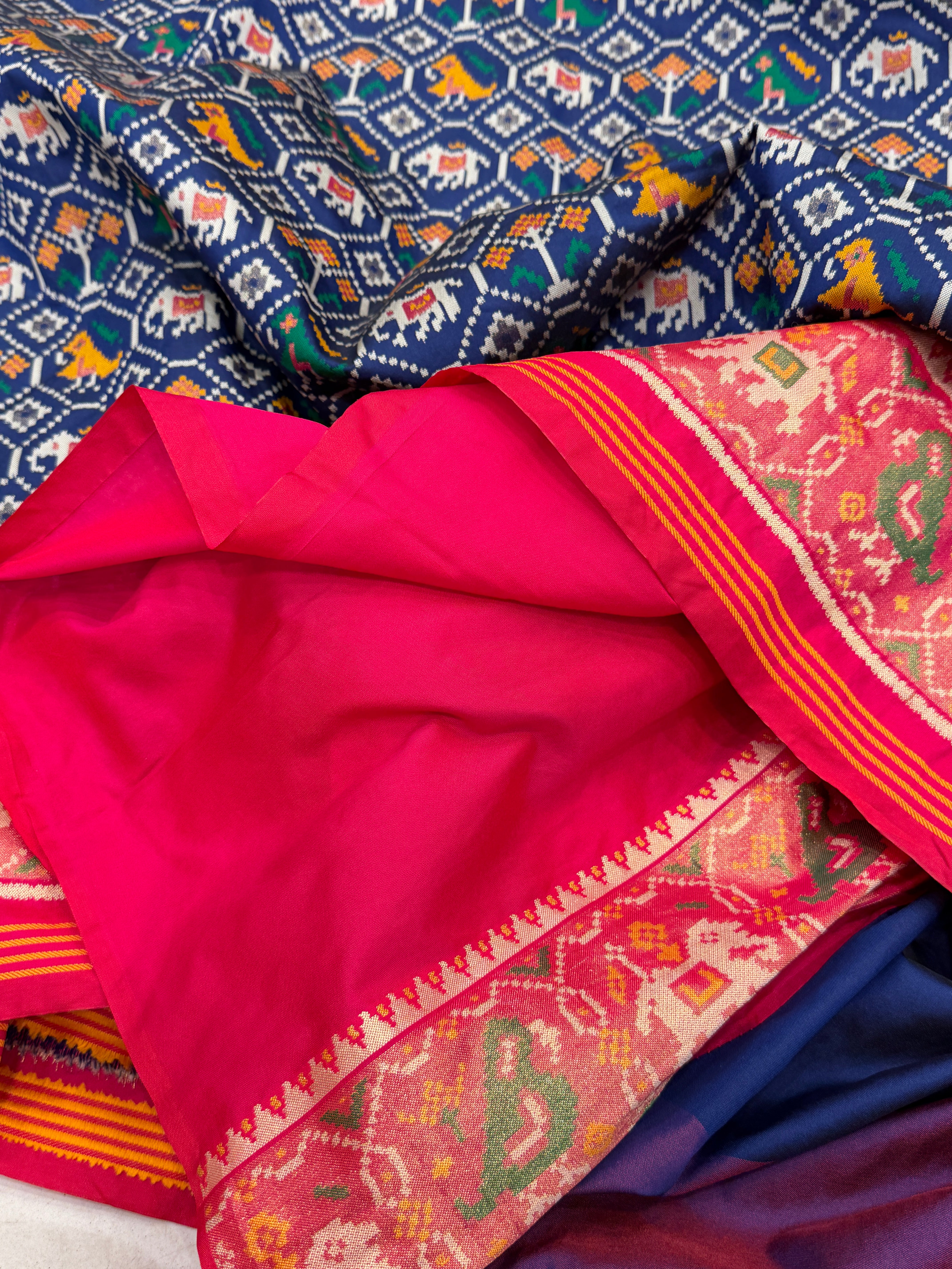 Blue Pink Elephant Jaal Semi Silk Weaved Patan Patola Saree
