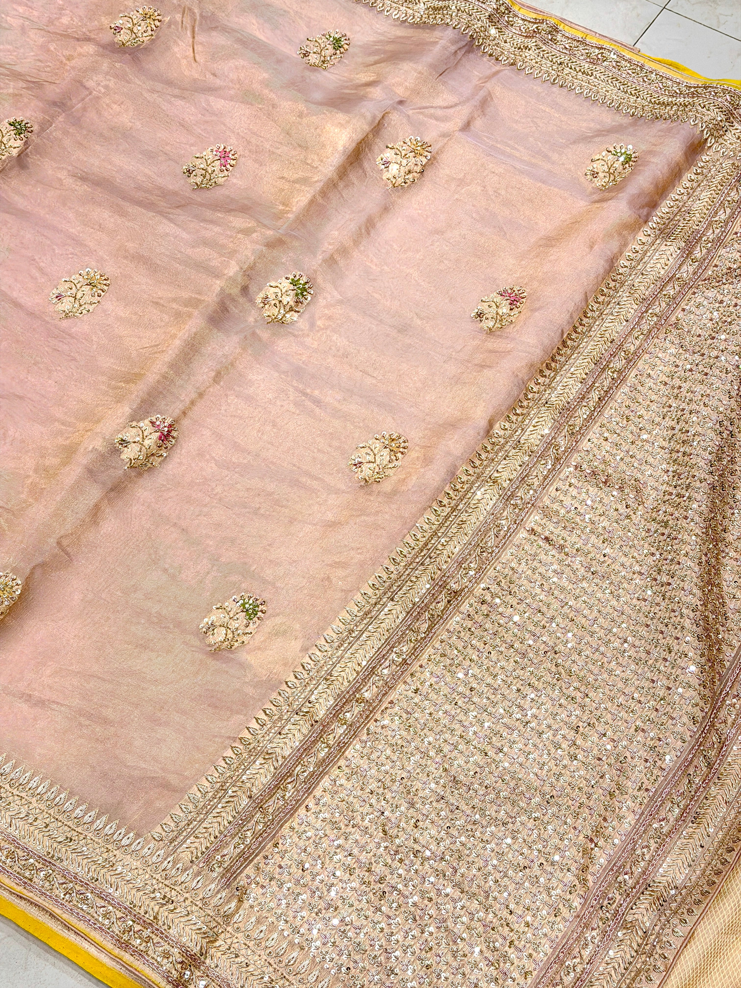 Pink Banarasi Tissue Handloom Kadwa Weave Zardosi Embroidery Saree