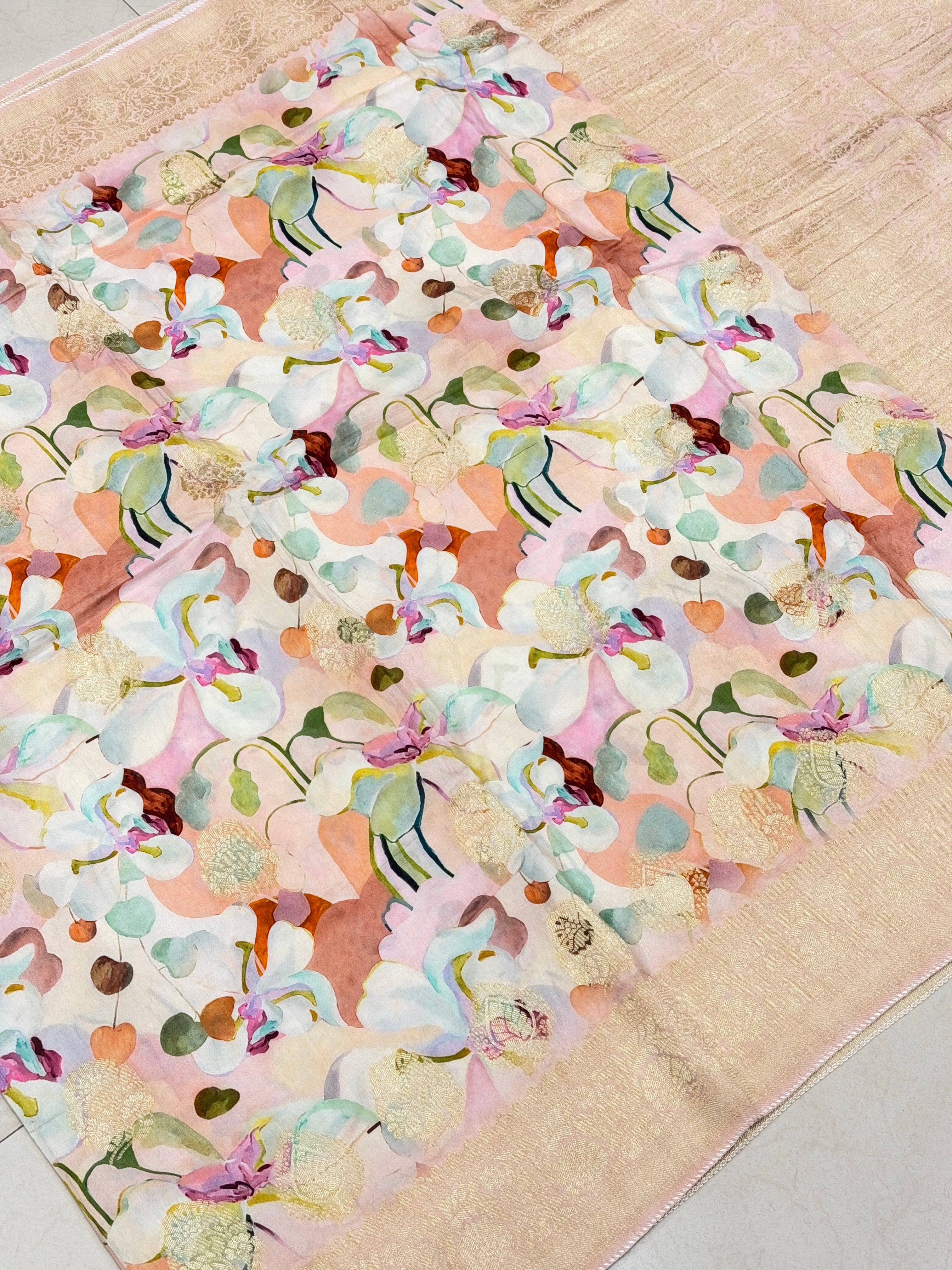 Pink Floral Multi Colour Print Munga Soft Silk Saree