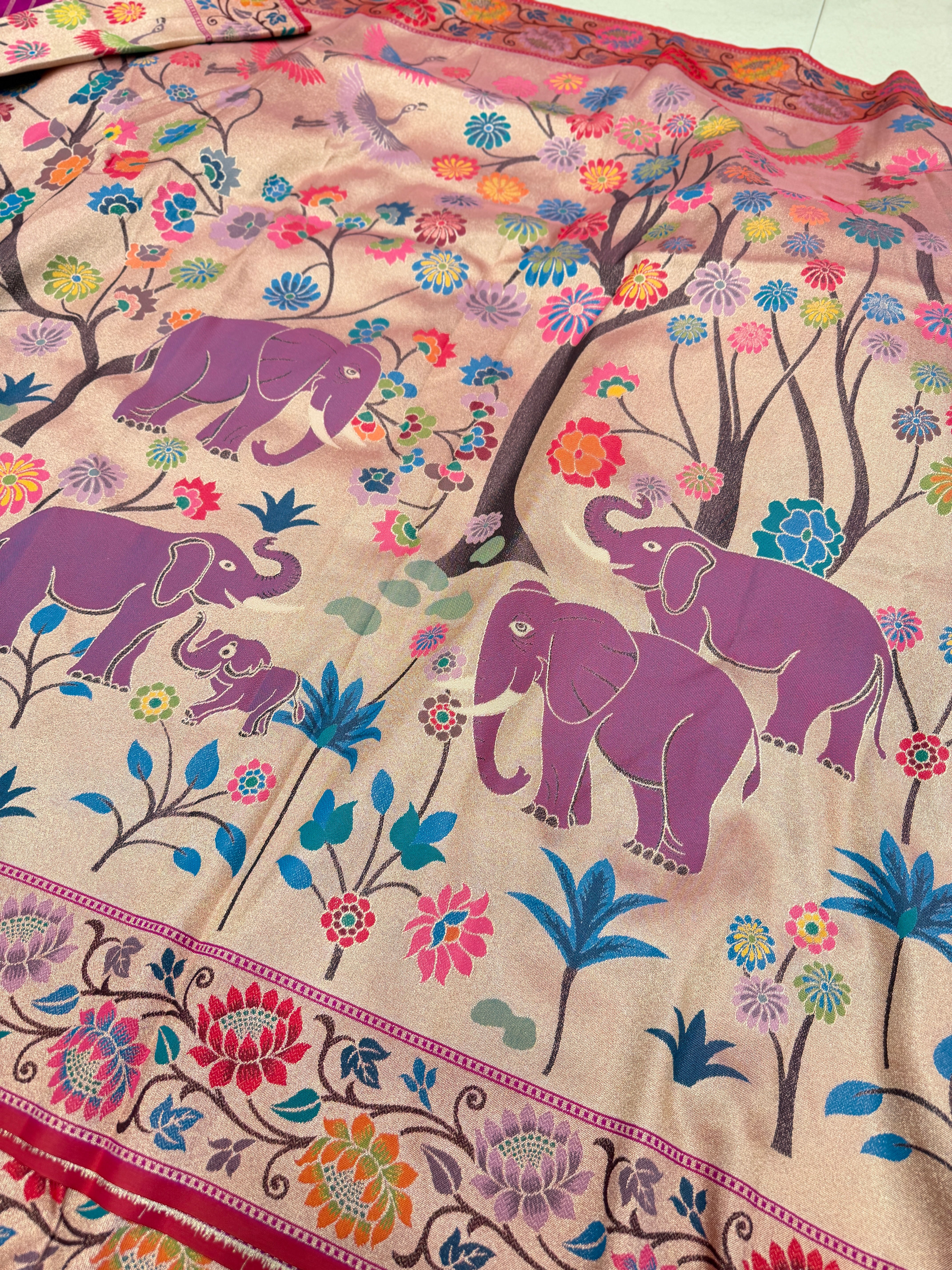 Golden Red Tissue Silk Paithani Meenakari Jaal Elephant Motif Saree