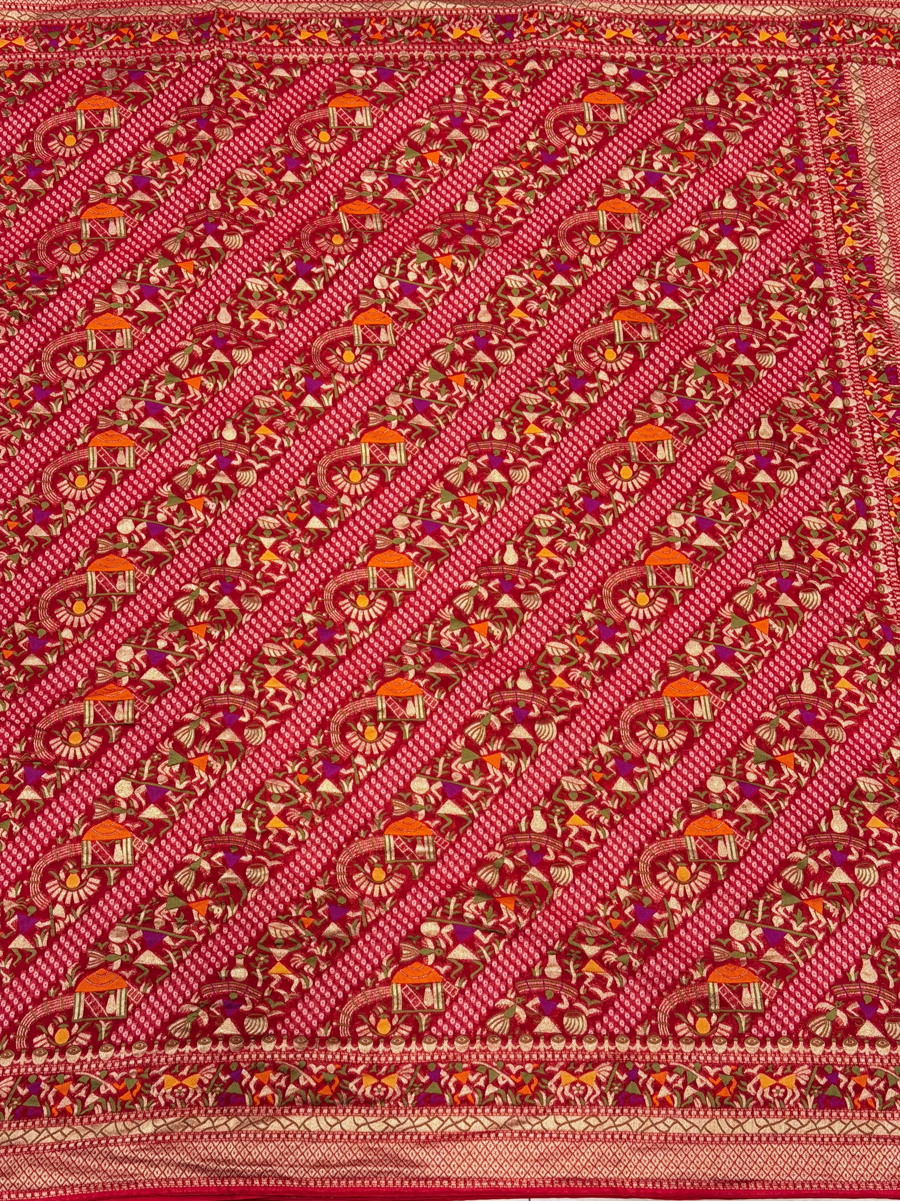 Red Warli Style Woven Bandhej Georgette Saree