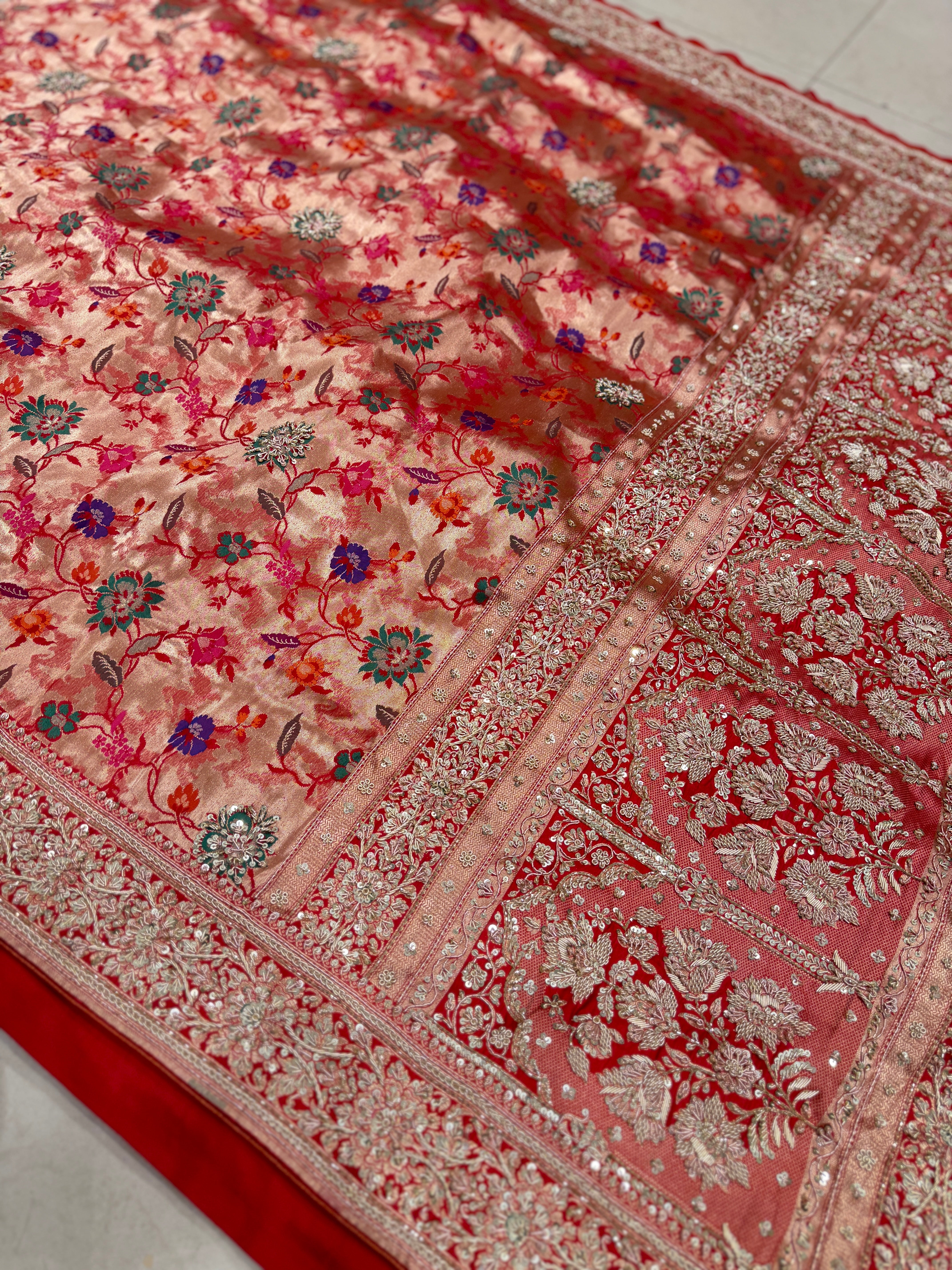 Banarasi Katan Tissue Meenakari Weave Zardosi Hand Embroidery Saree