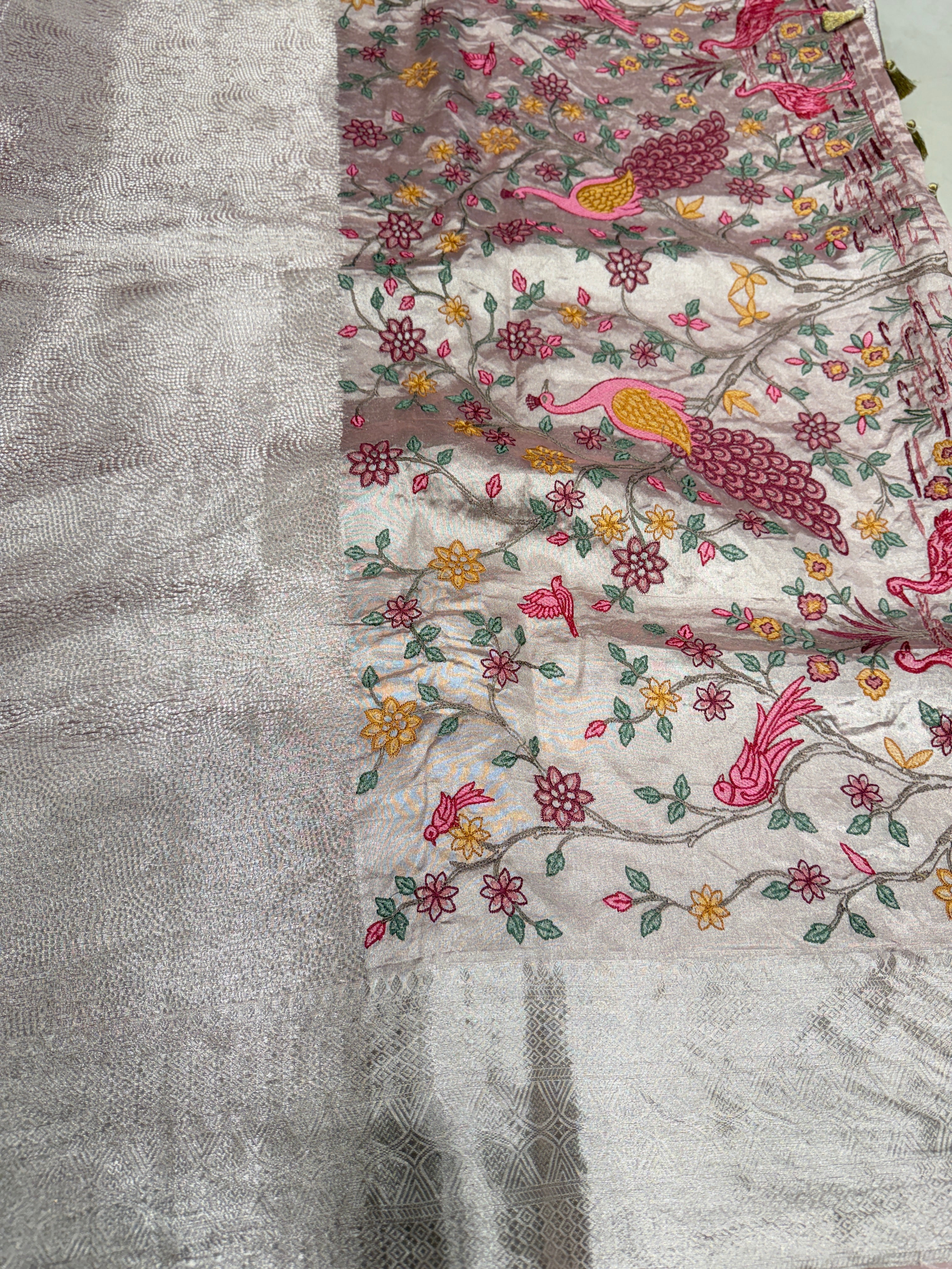 Crimson Silver Handloom Tissue Peacock Contemporary Resham Embroidery Saree