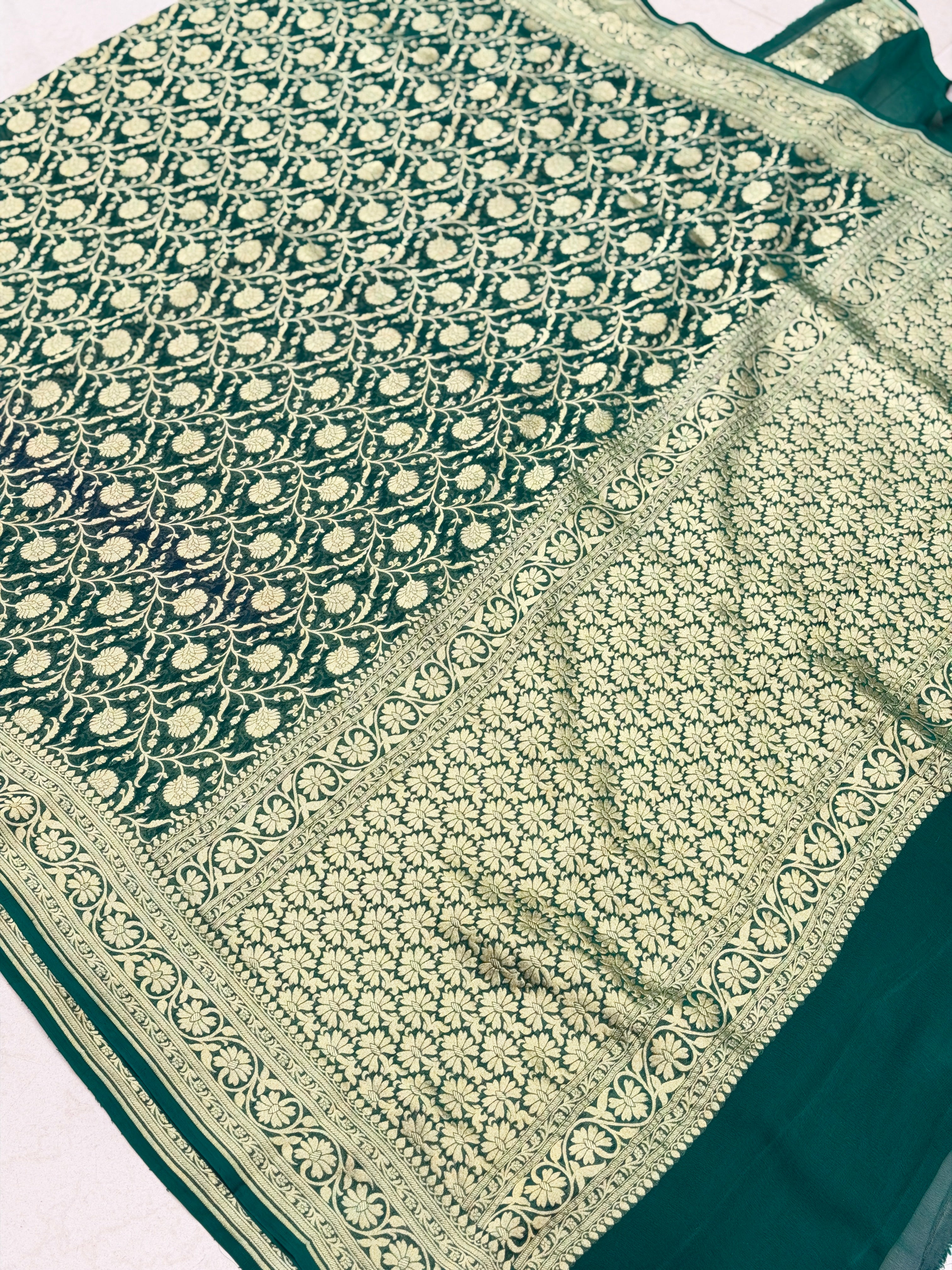 Bottle Green Mughal Jaal Handloom Banarasi Khaddi Georgette Saree