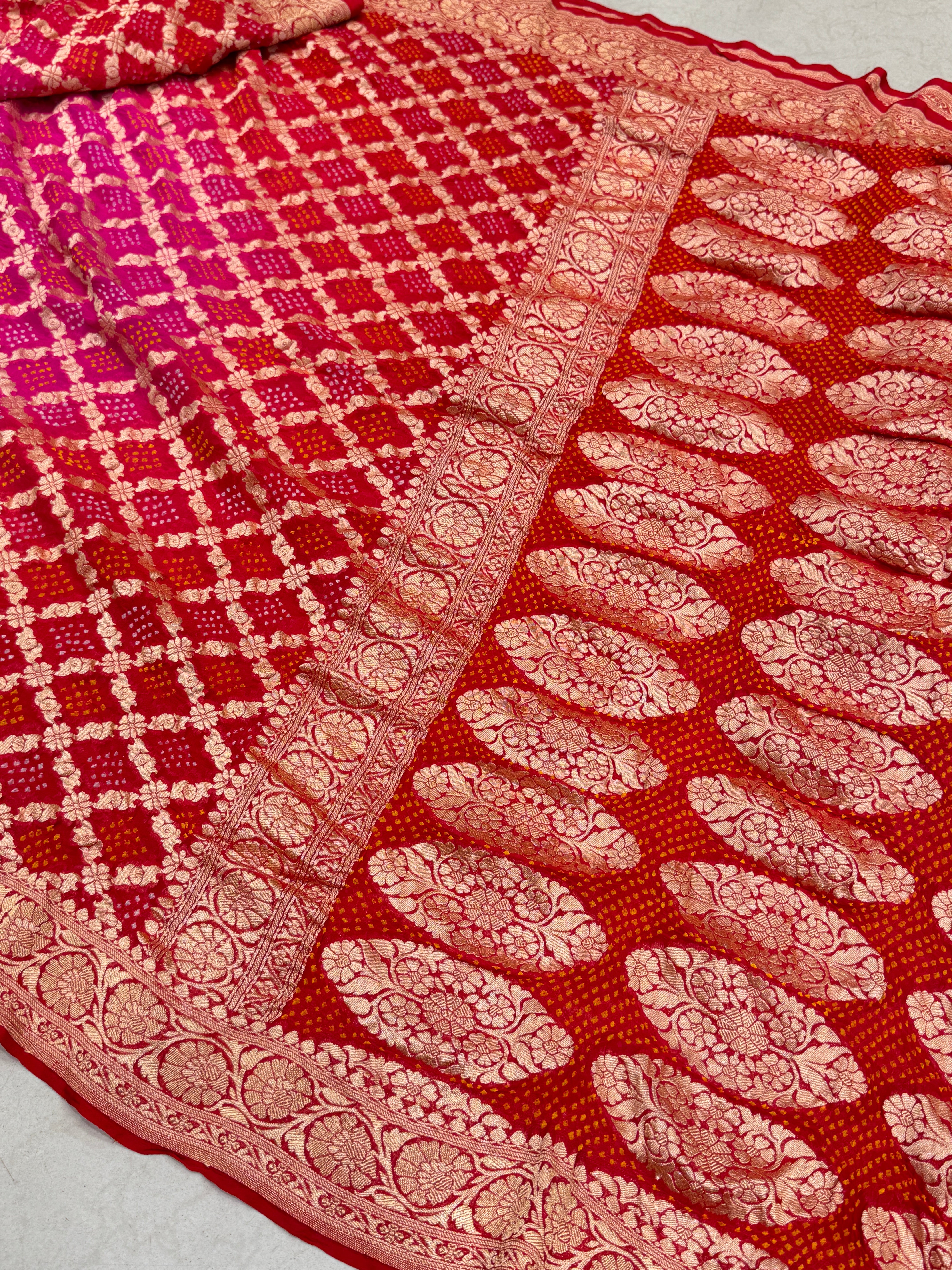 Red Rani Shaded Bandhej Bandhini Saree