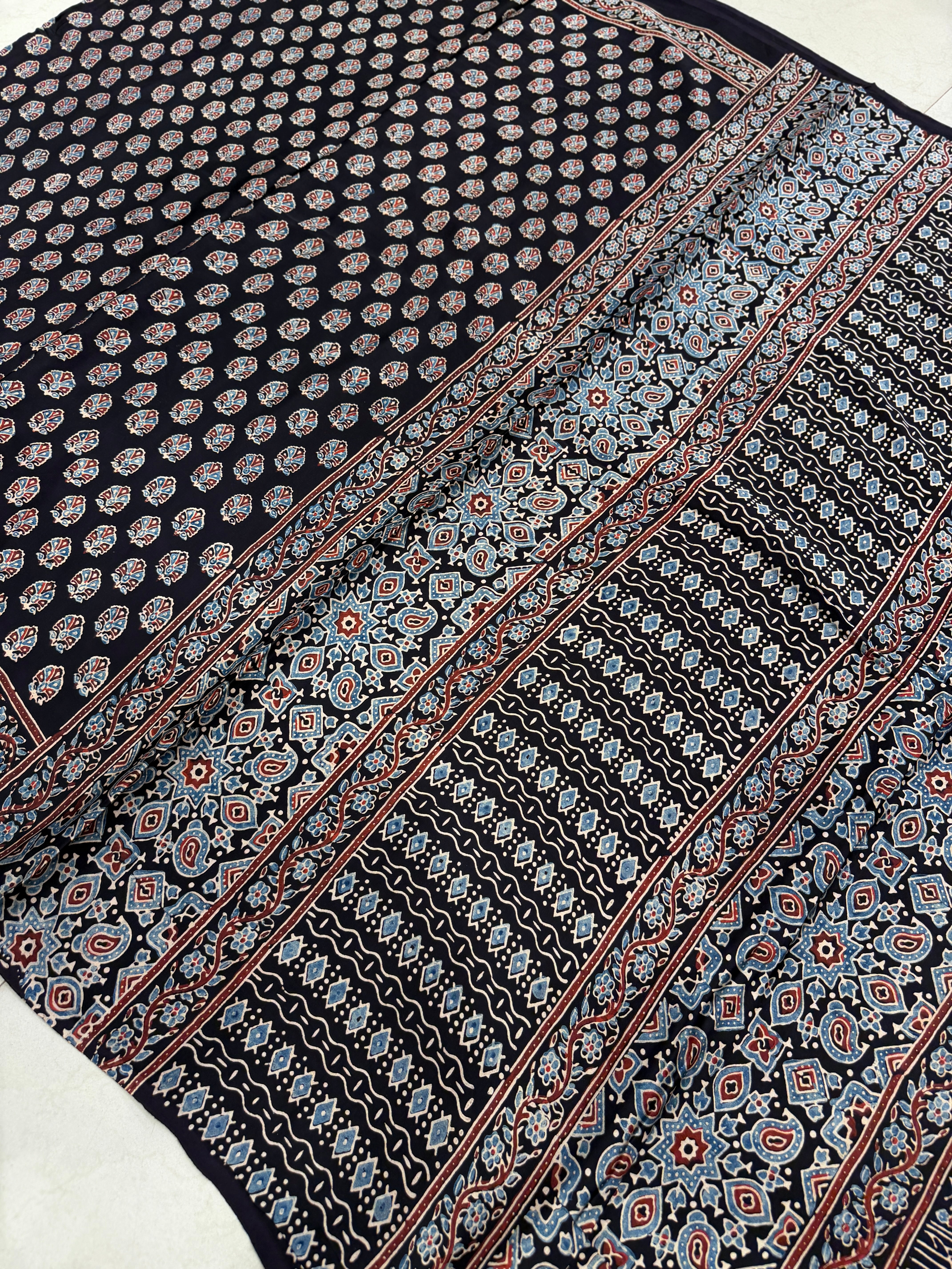 Black Buttis Ajrakh Hand Block Print Pure Gajji Silk Saree
