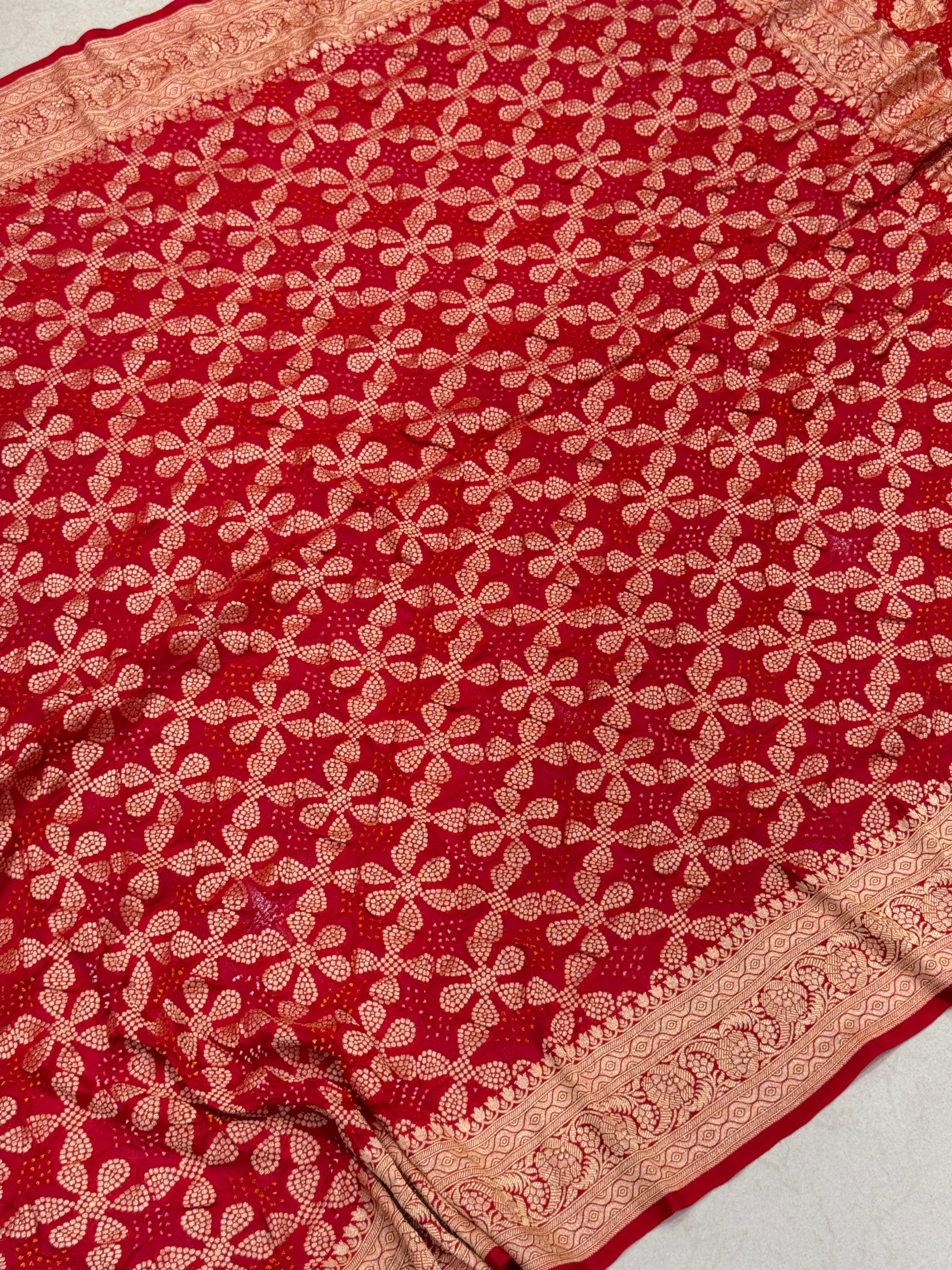 Red Five Petals Bandhej Bandhini Saree