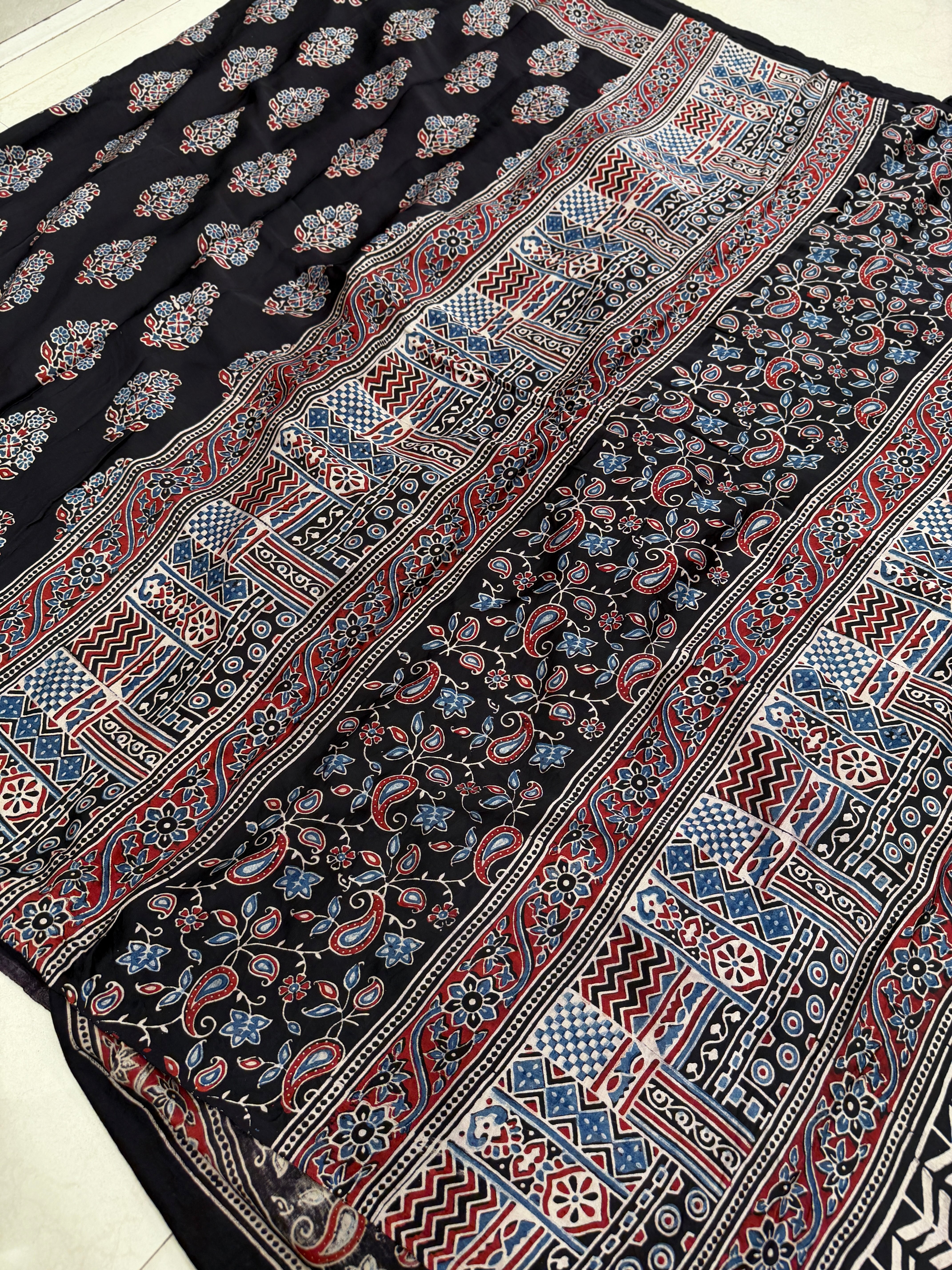 Black Floral Buttas Ajrakh Hand Block Print Pure Gajji Silk Saree