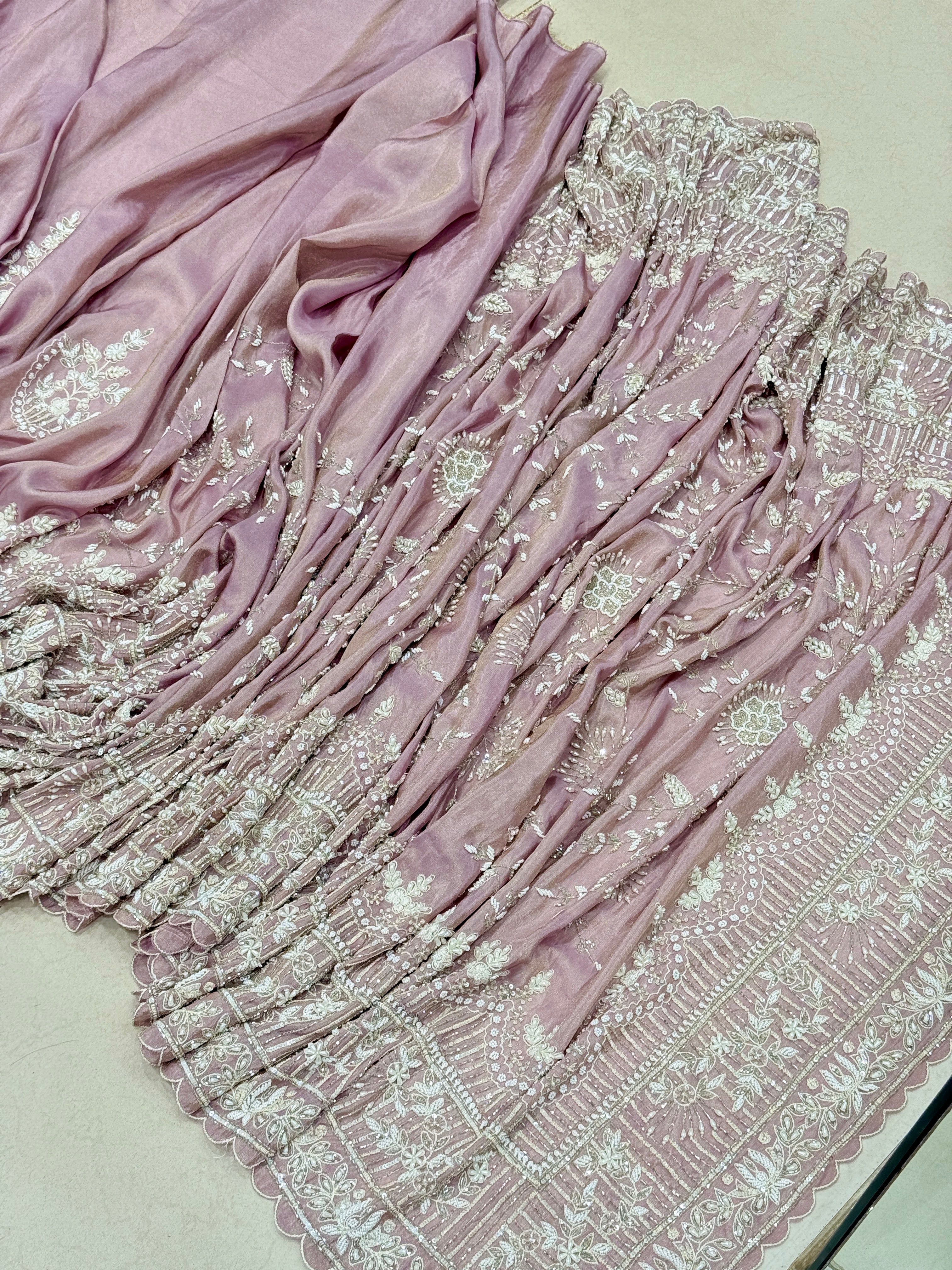 Lilac Crepe Tissue Resham Moti Sequin Hand Embroidery Saree