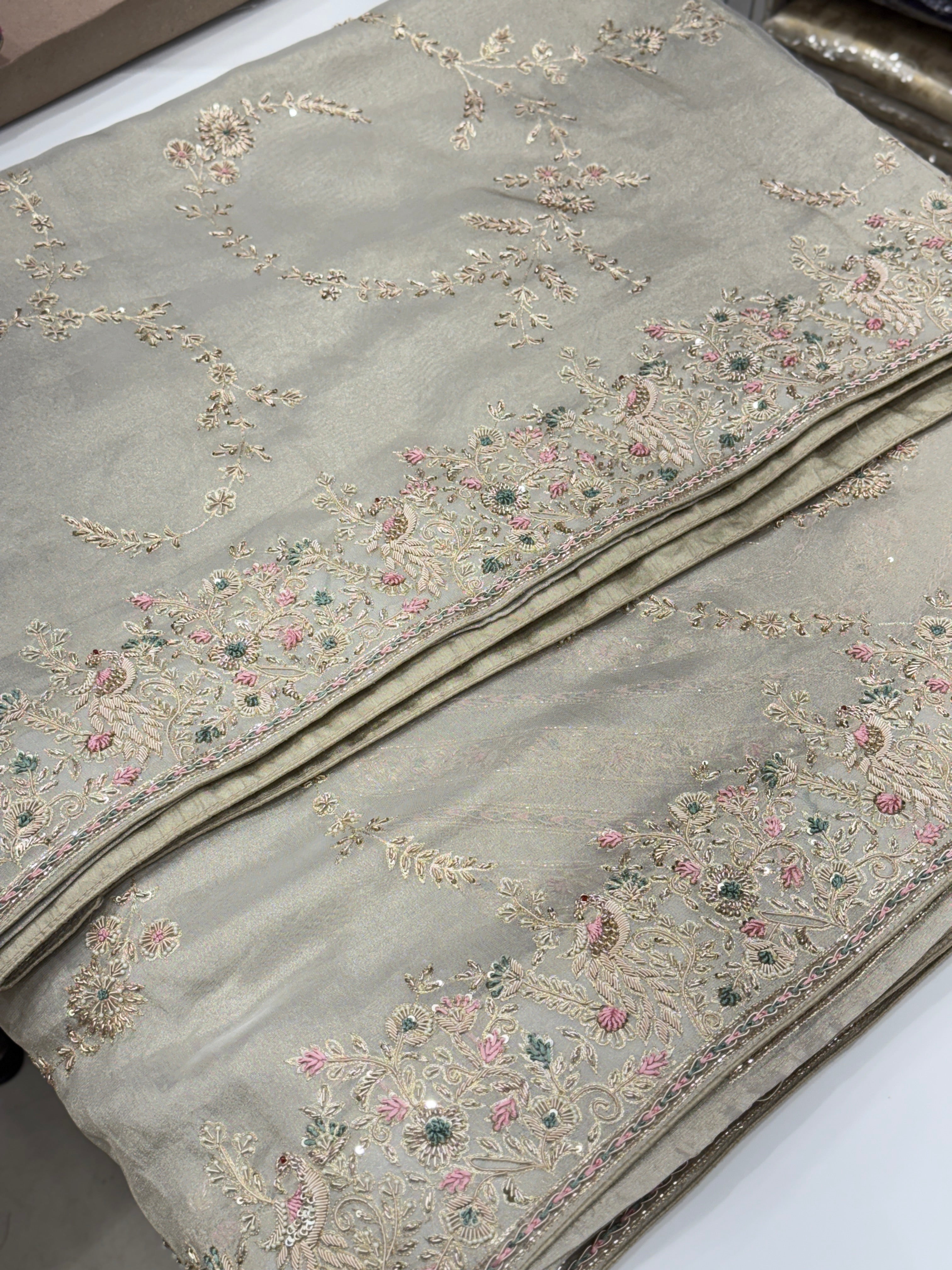 Silver Tissue Saree Zardosi Jaal Hand Embroidery Contrast Blouse