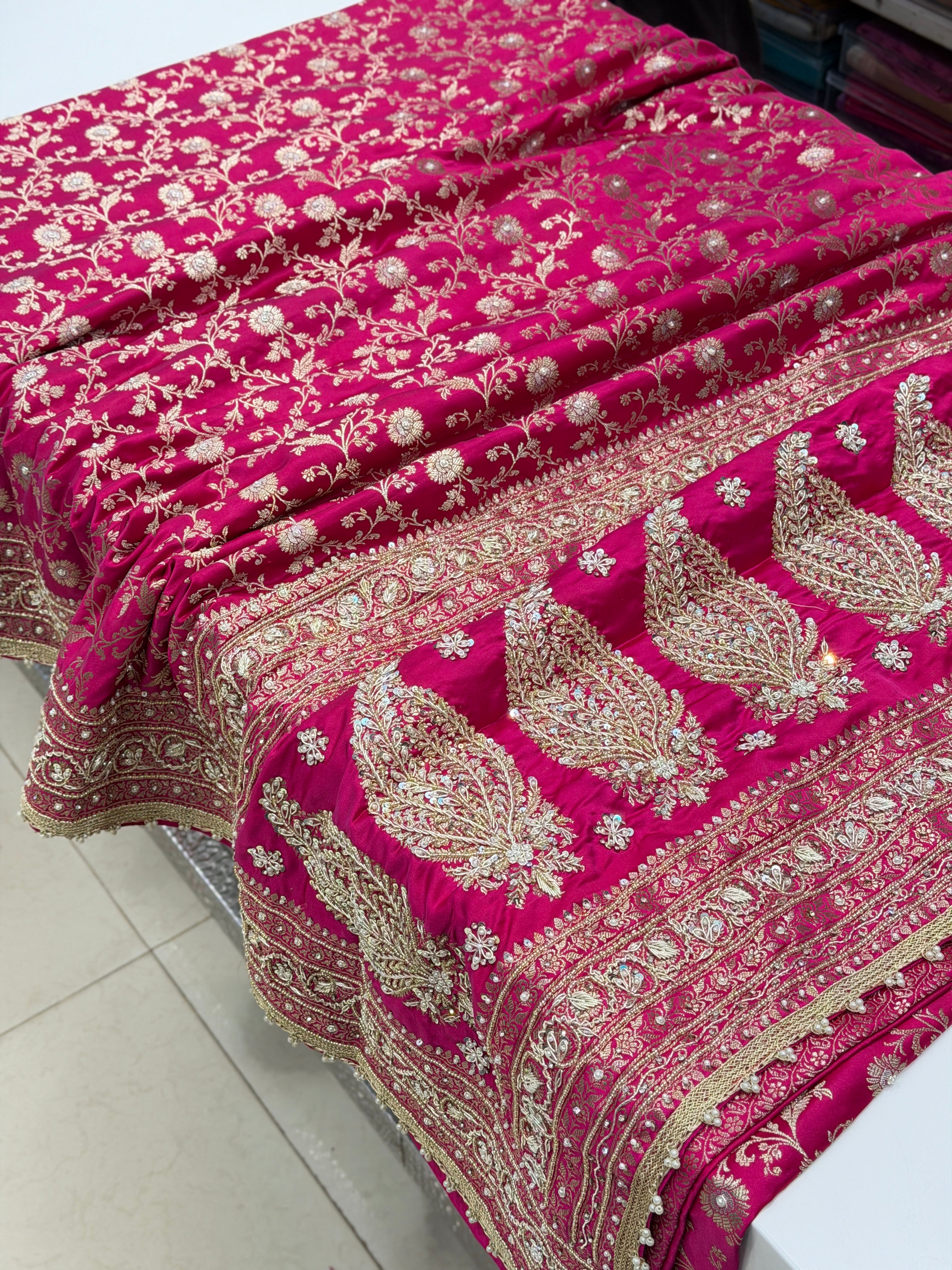 Rani Pink Banarasi Sona Roopa Jaal Zardosi Hand Embroidery Saree