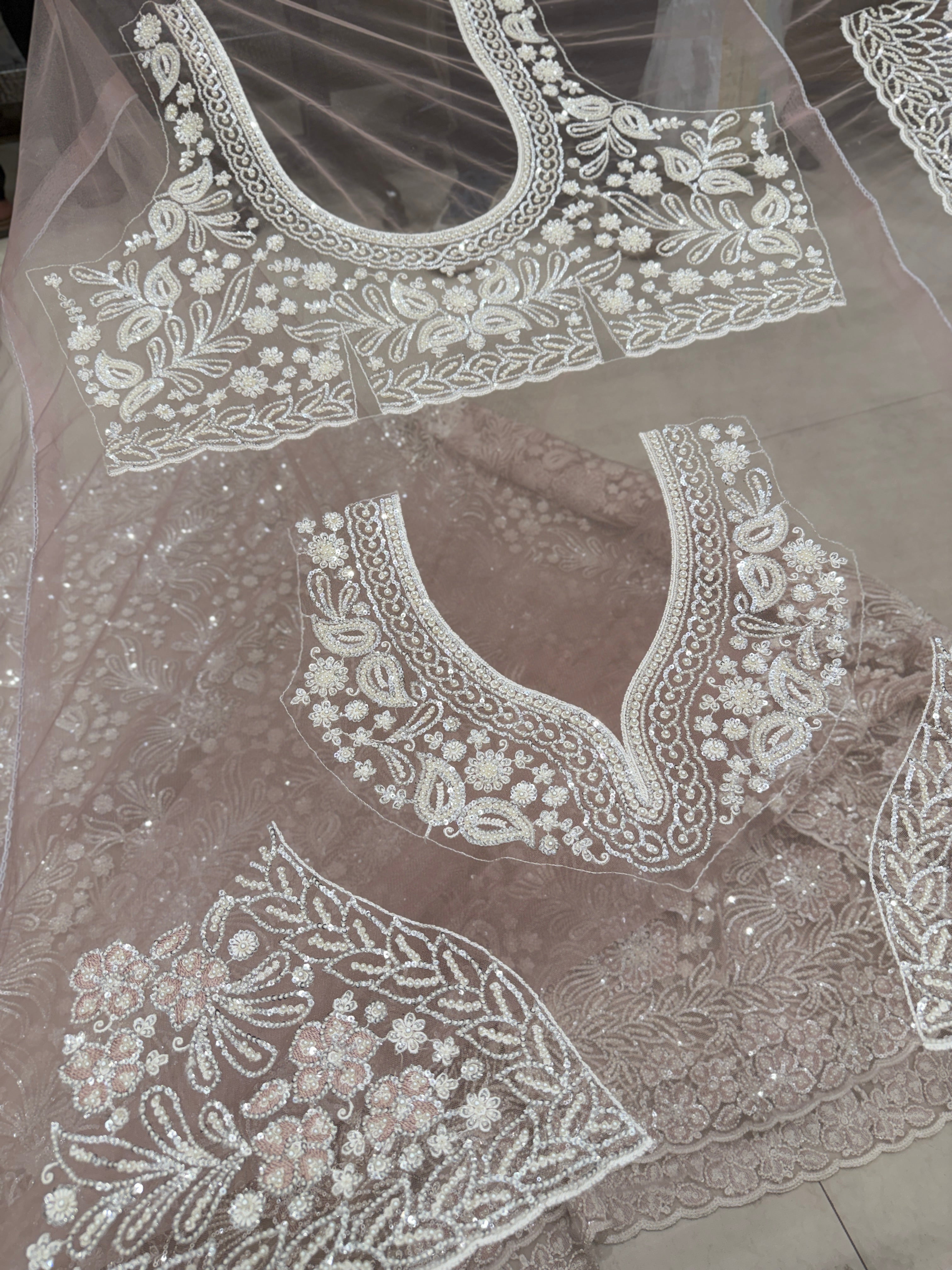 Nude Pink Floral Jaal Net Resham Moti Embroidery Soft Saree