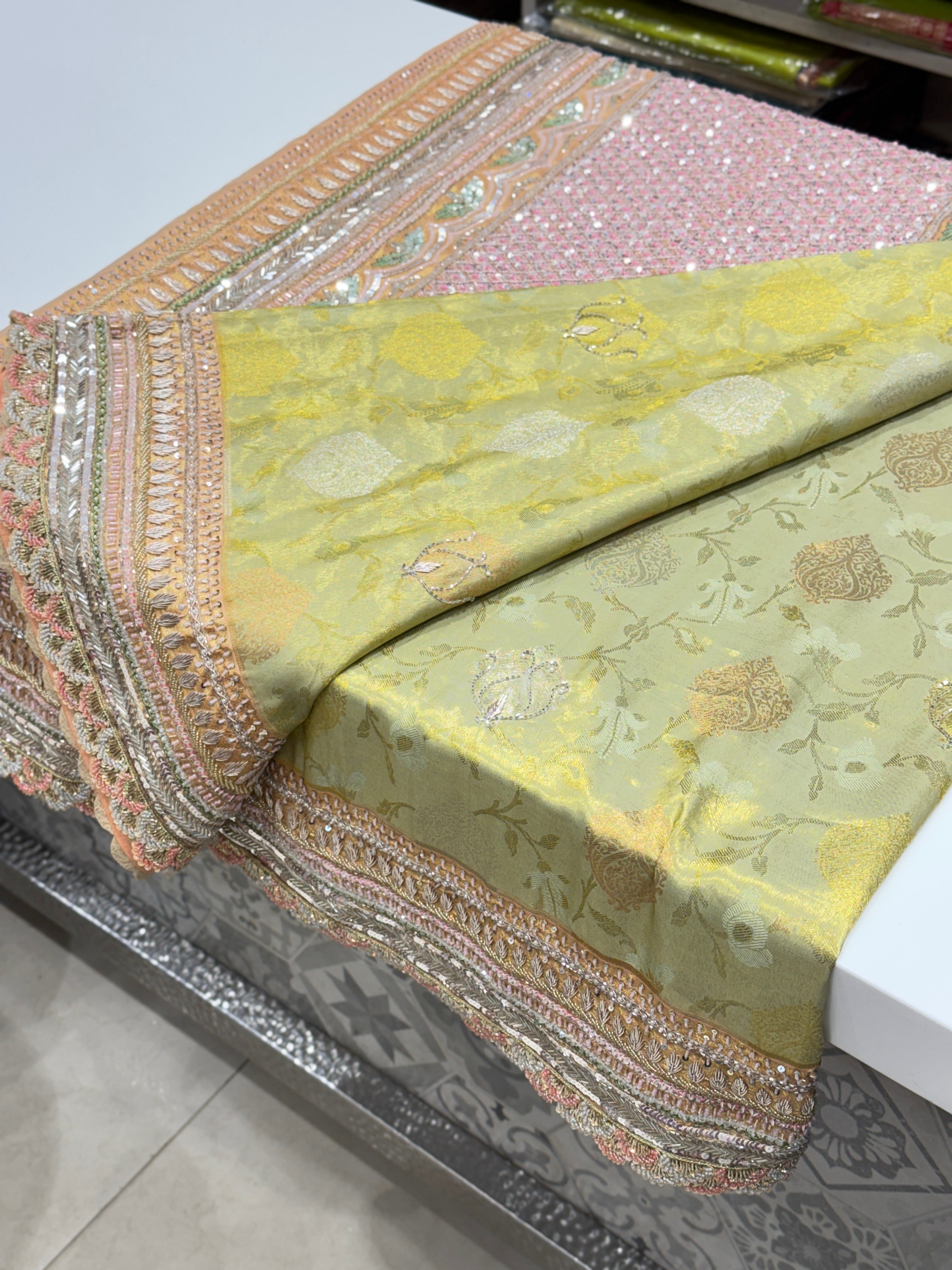 Green Peach Woven Kanjivaram Zardosi Hand Embroidery Saree