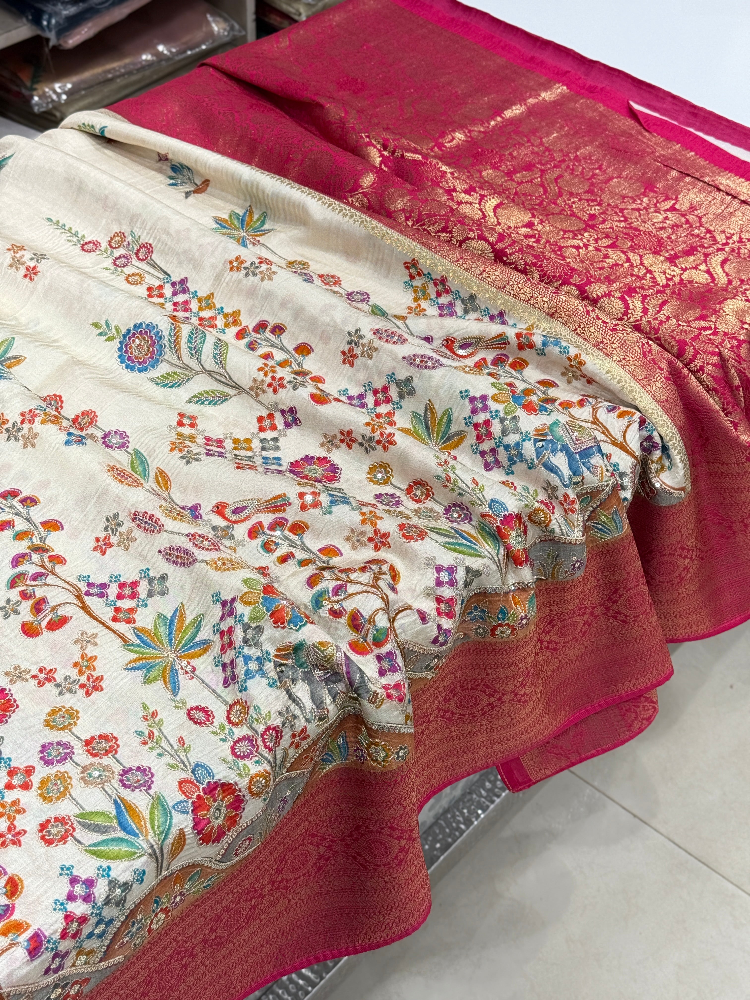 Beige Banarasi Munga With Pita Embroidery