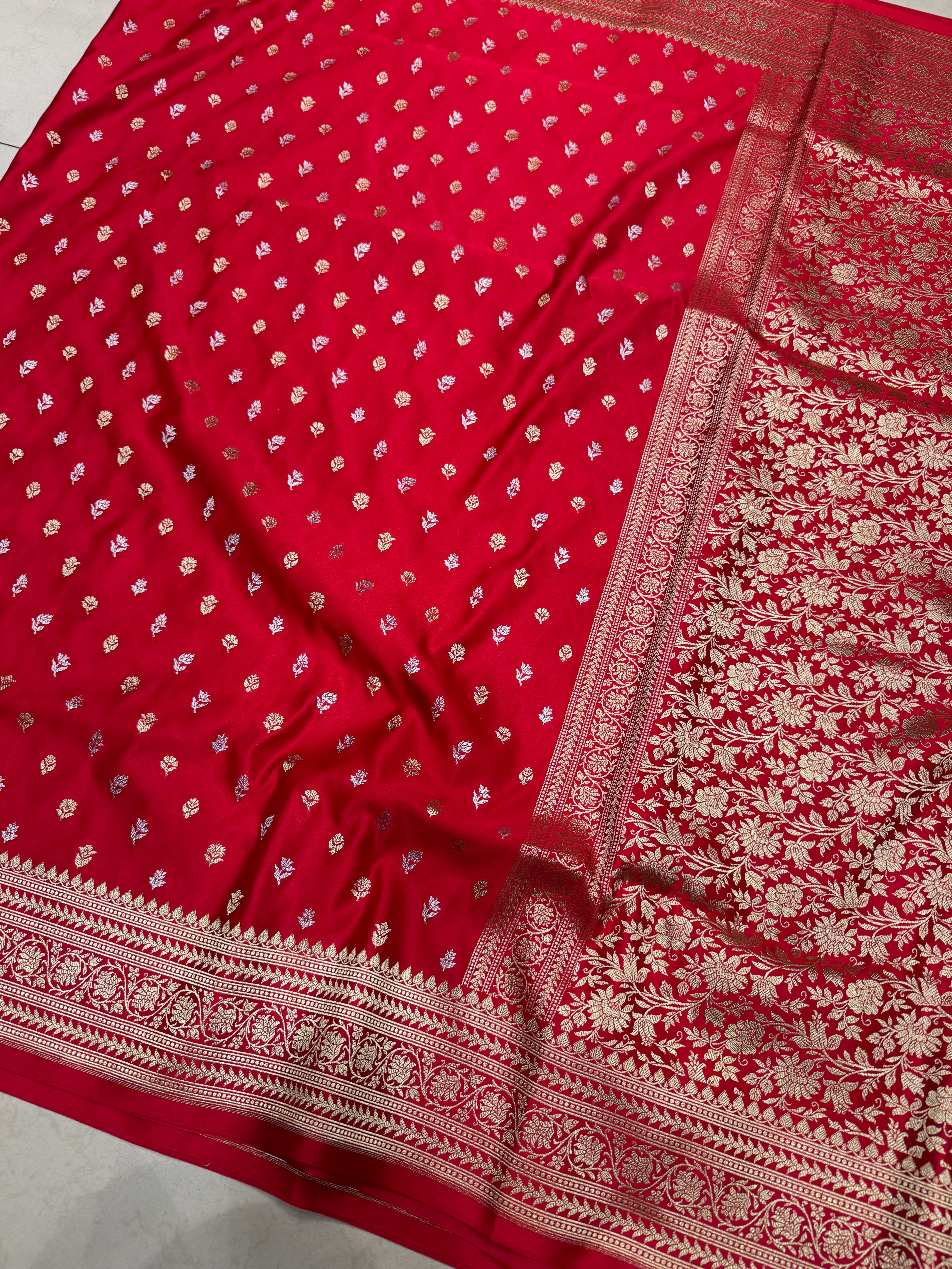 Red Sona Roopa Floral Butti Banarasi Silk Saree