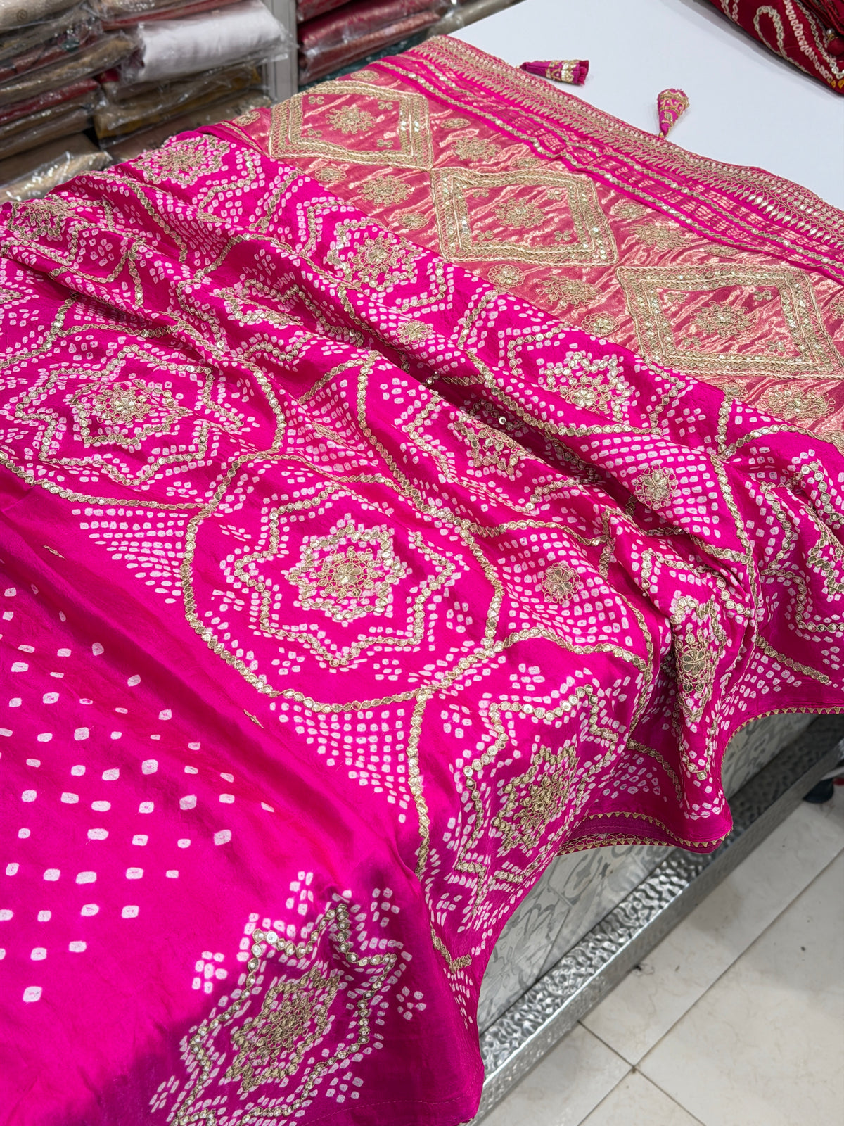 Rani Pink Faabiiana Inspired Gajji Silk Rai Bandhej Gotapatti Marodi Hand Embroidery Saree