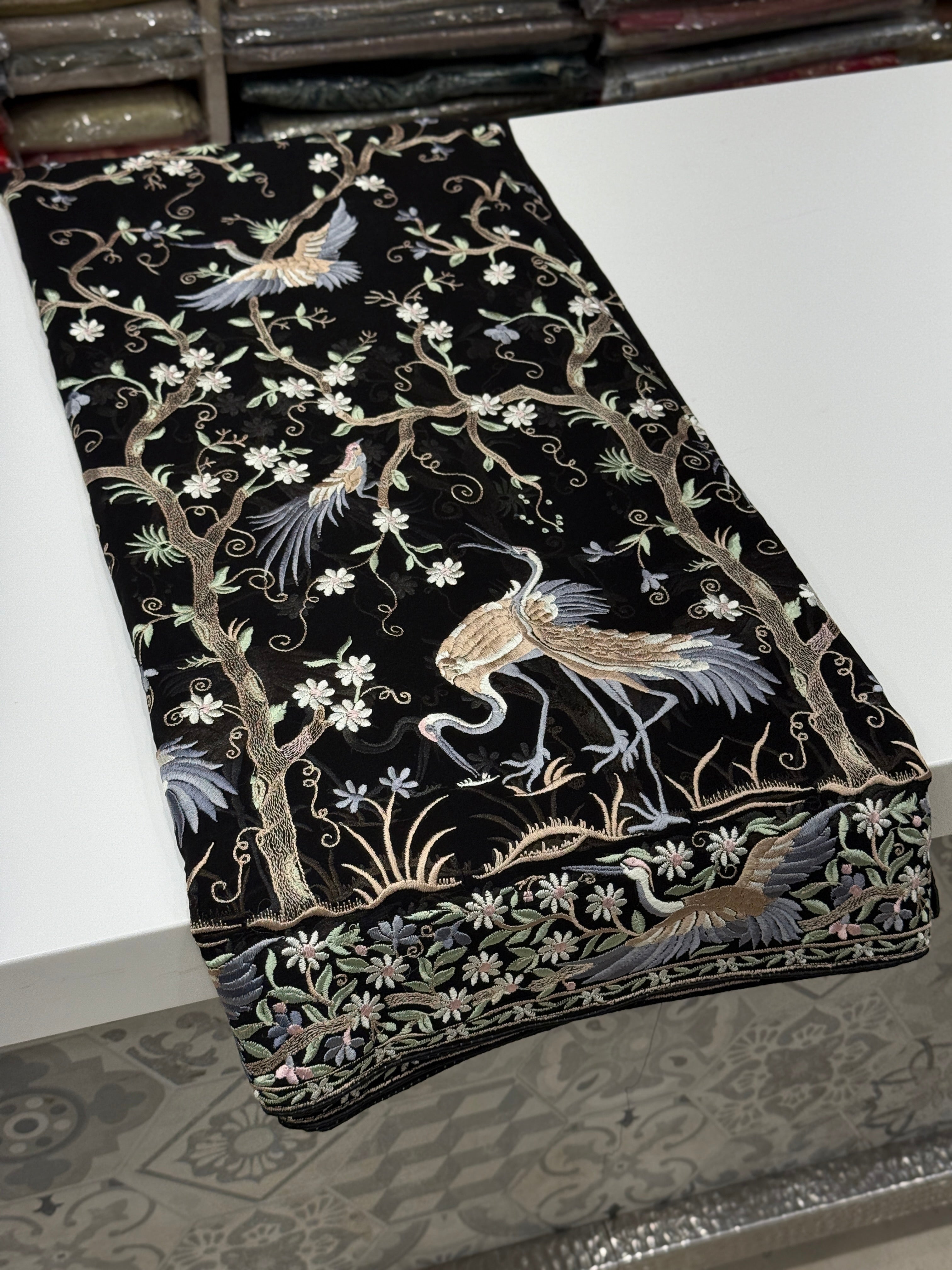Black Tree Of Life Flamingo Parsi Gara Saree