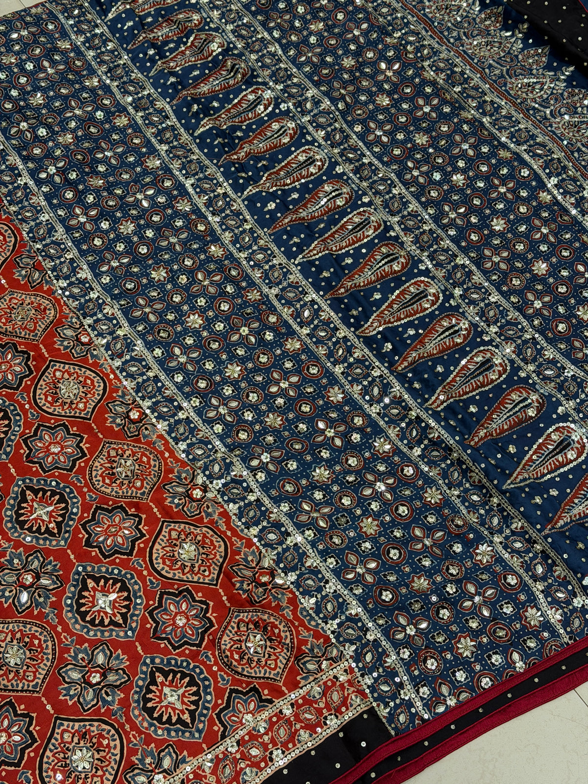 Red Blue Badam Jaal Ajrakh Sequin Moti Hand Embroidery Saree