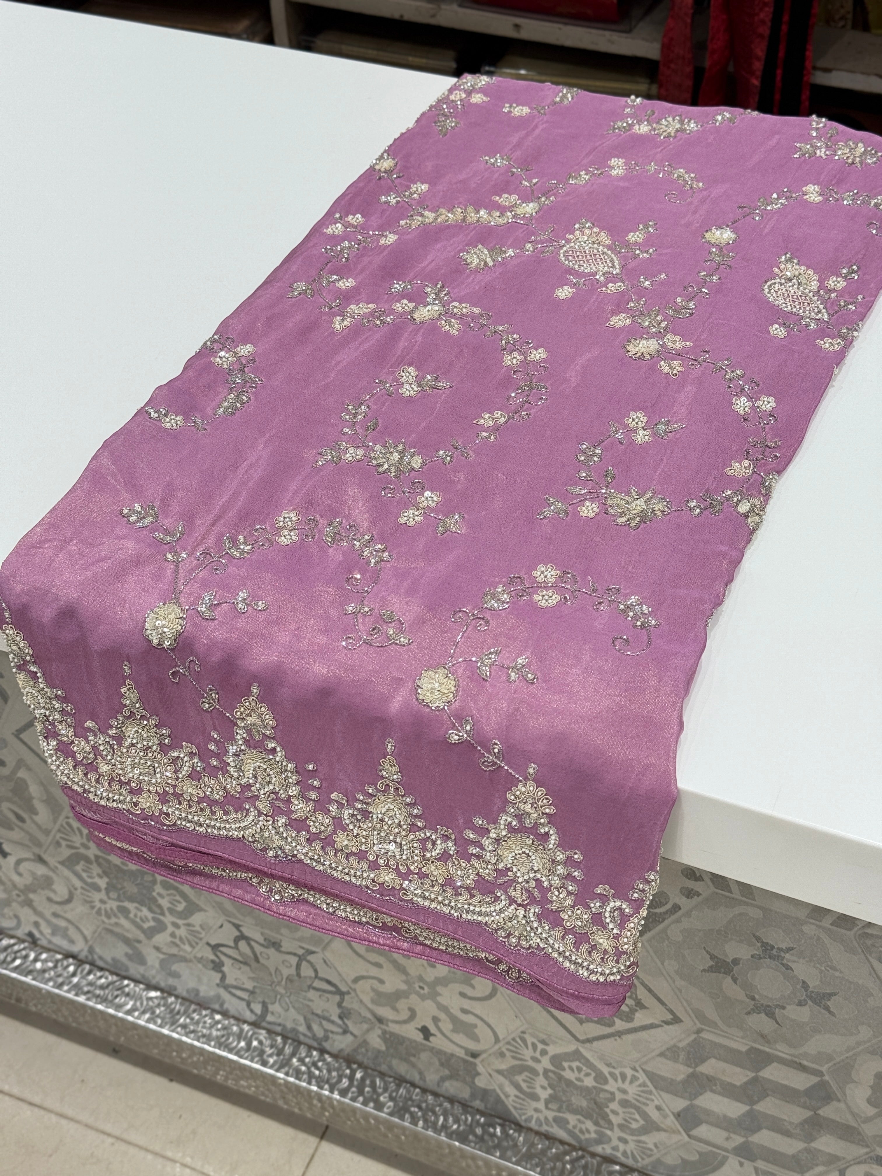 Lilac Crepe Tissue Cutana Moti Jaal Hand Embroidery Saree
