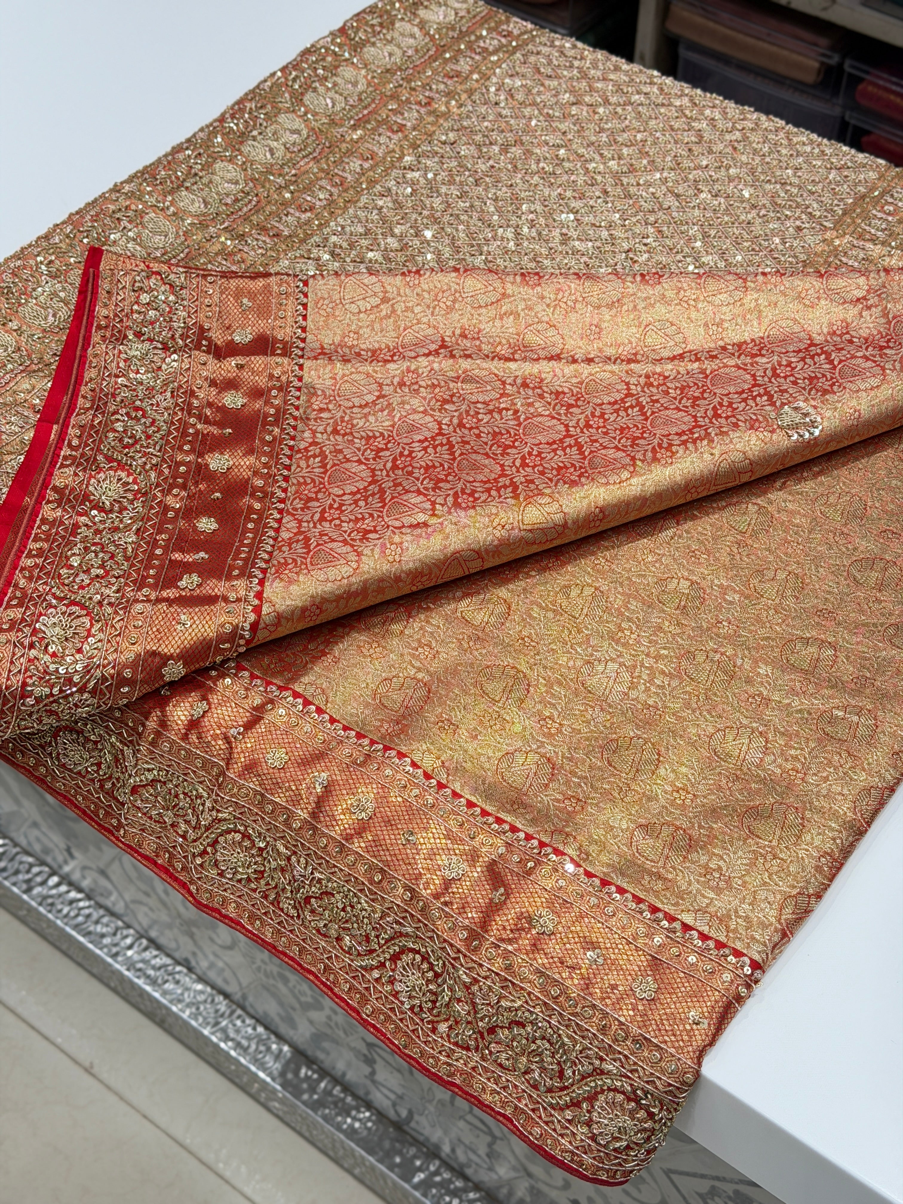 Gold Red Tissue Zardosi Kanjivaram Hand Embroidery Saree