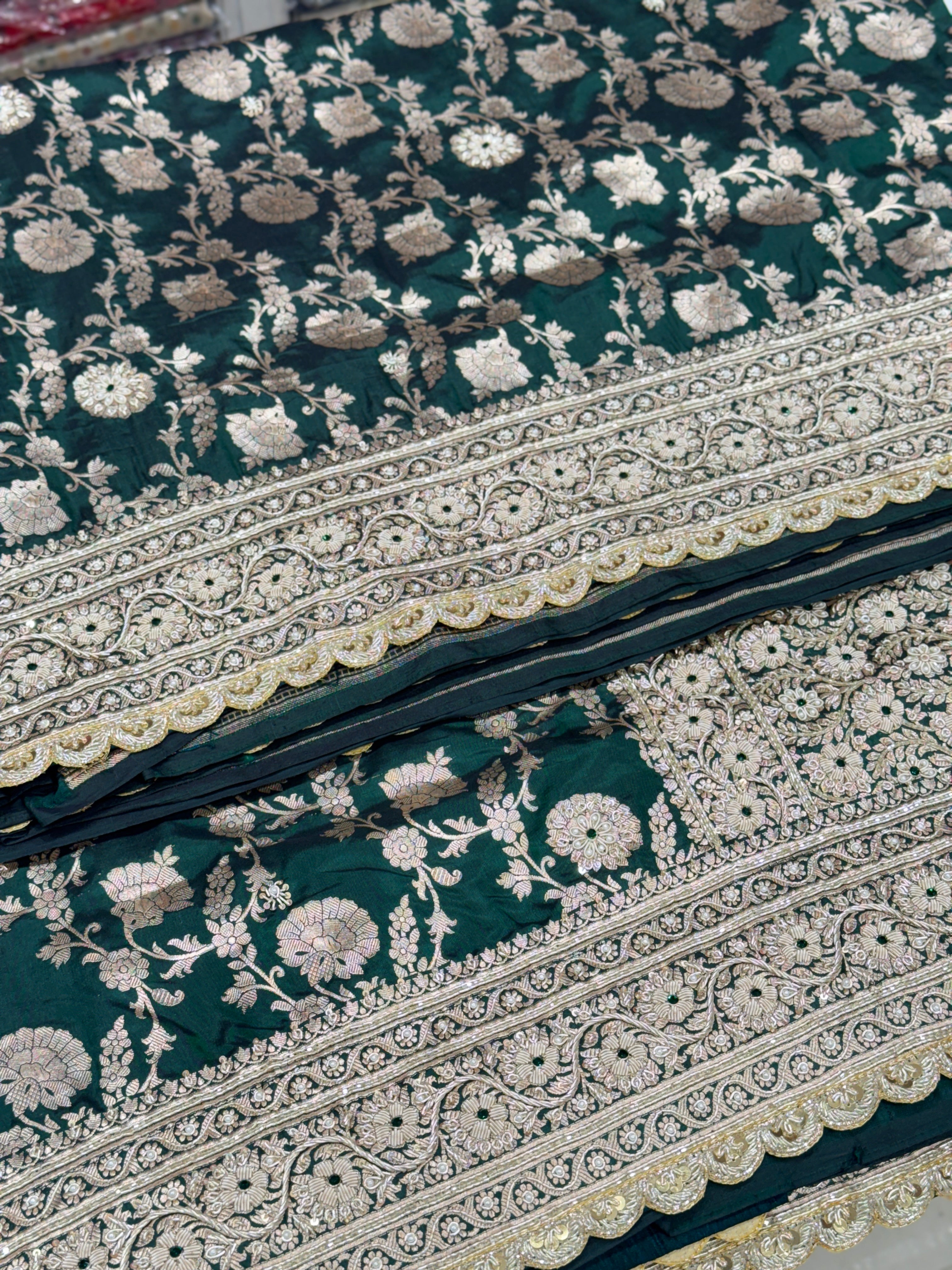 Bottle Green Handloom Banarasi Katan Jaal Zardosi Embroidery Saree