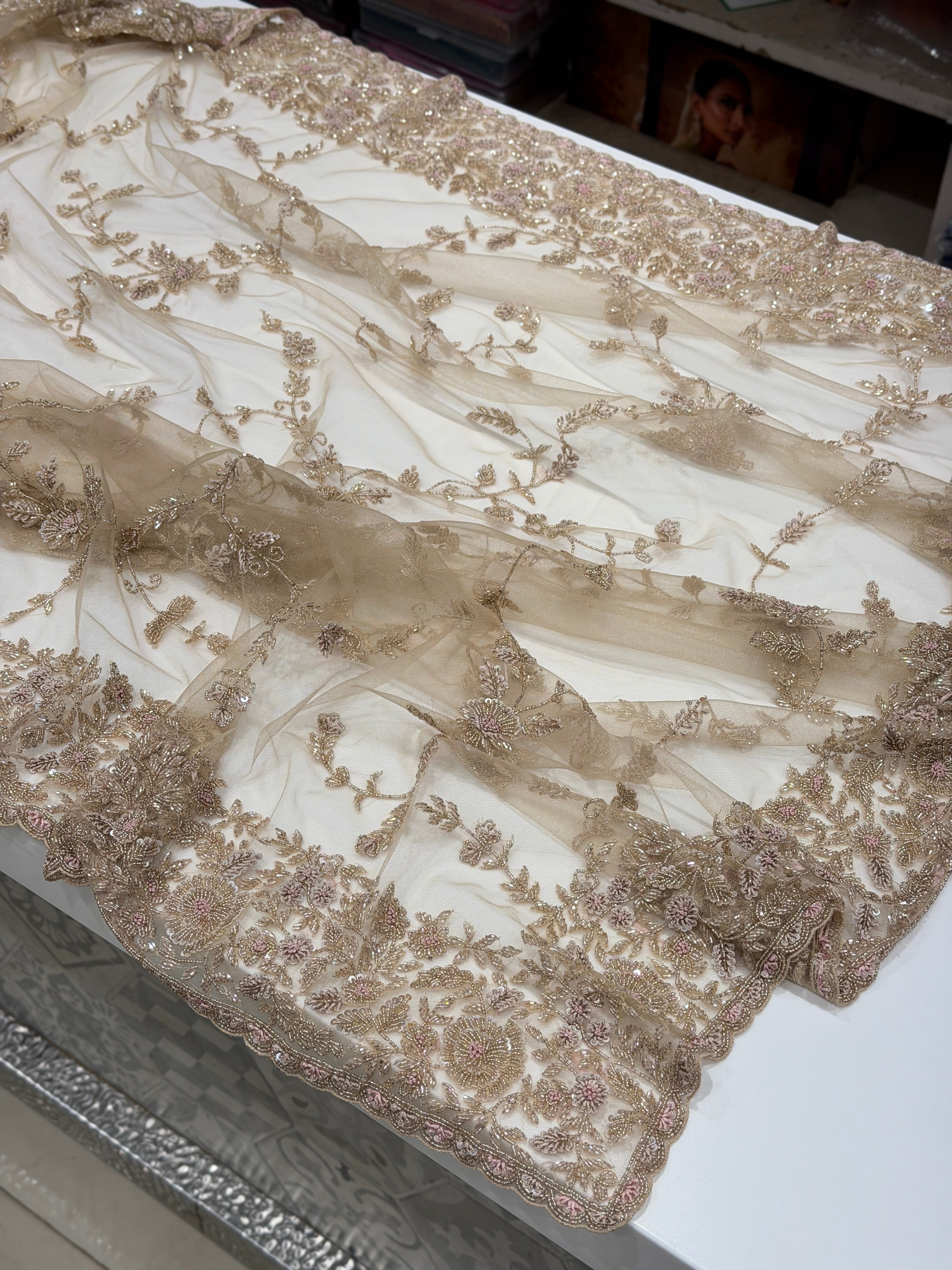 Golden Net Hand Embroidery Zardosi Moti Knot Work Saree