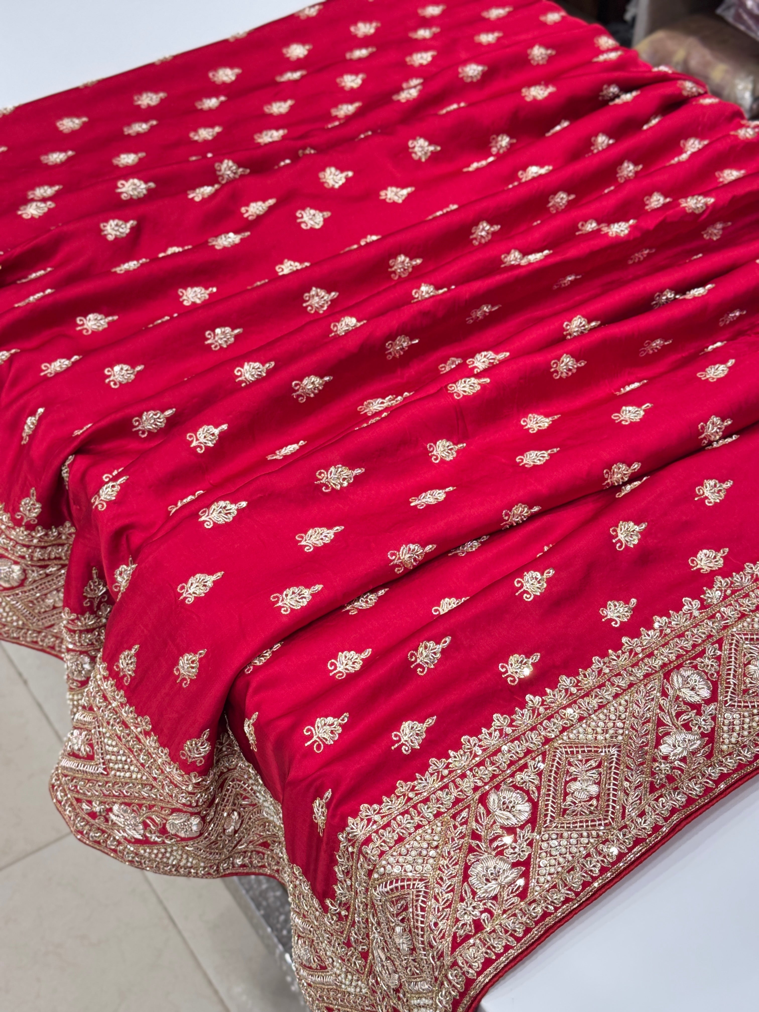 Red Hand Embroidery Buttis Pure Satin Zardosi Embroidery