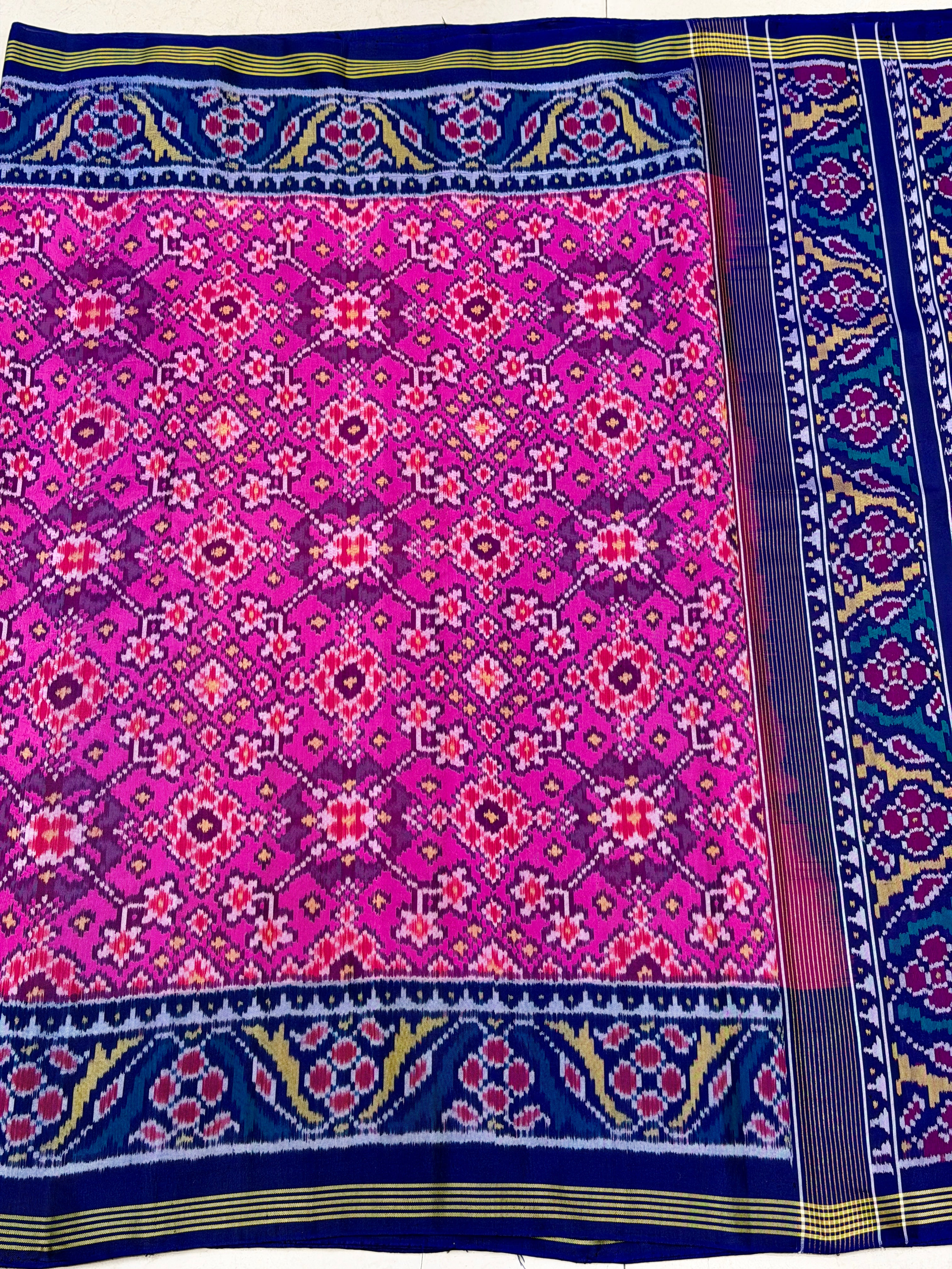 Rani Pink Blue Manek Chowk Pure Silk Handloom Patola Saree