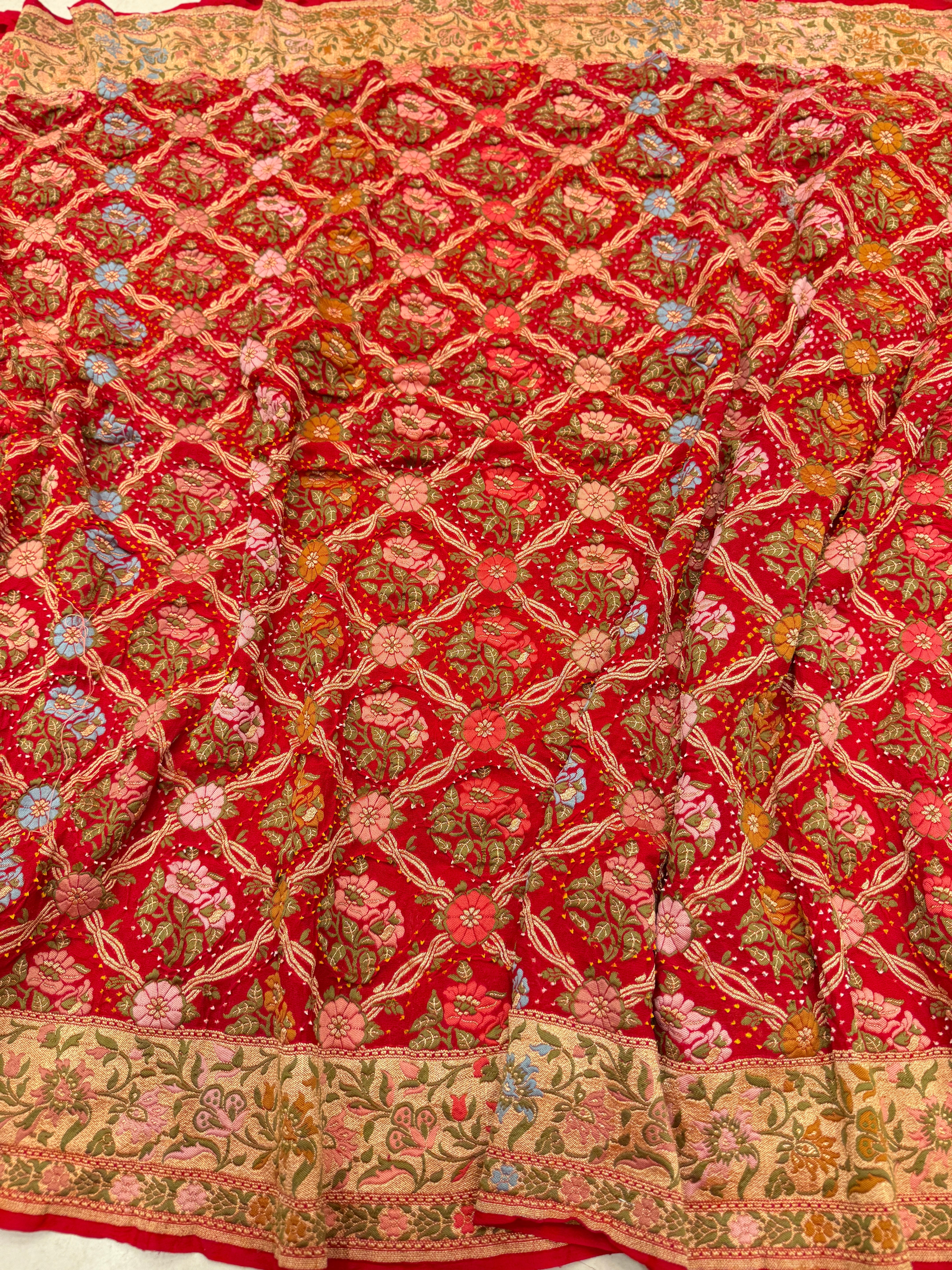 Red Floral Jaal Meenakari Rai Bandhej Georgette Bandhini Saree
