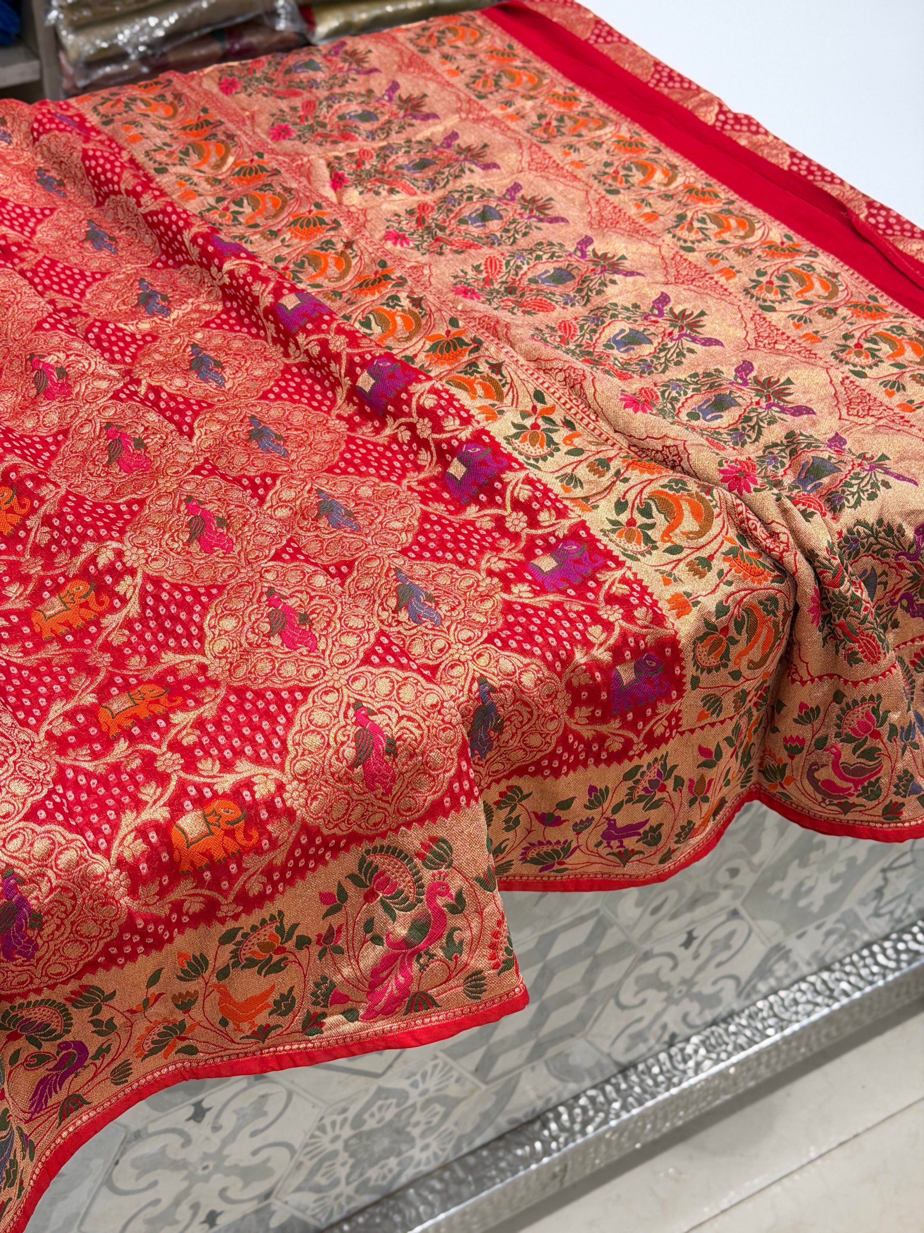 Red Woven Bandhej Meenakari Peacock Parrot Motif Saree