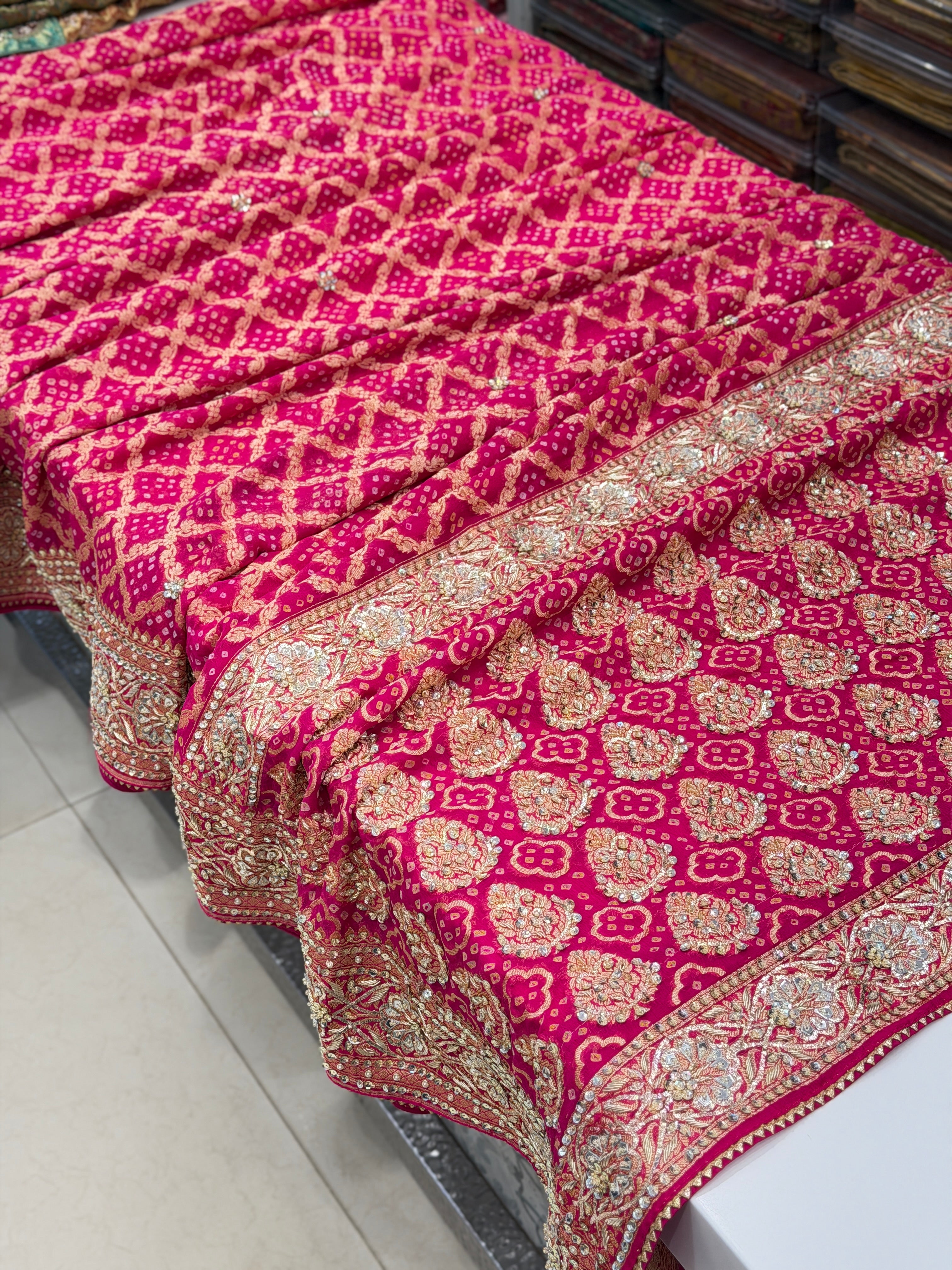 Rani Pink Bandhej Zardosi Pita Hand Embroidery Saree