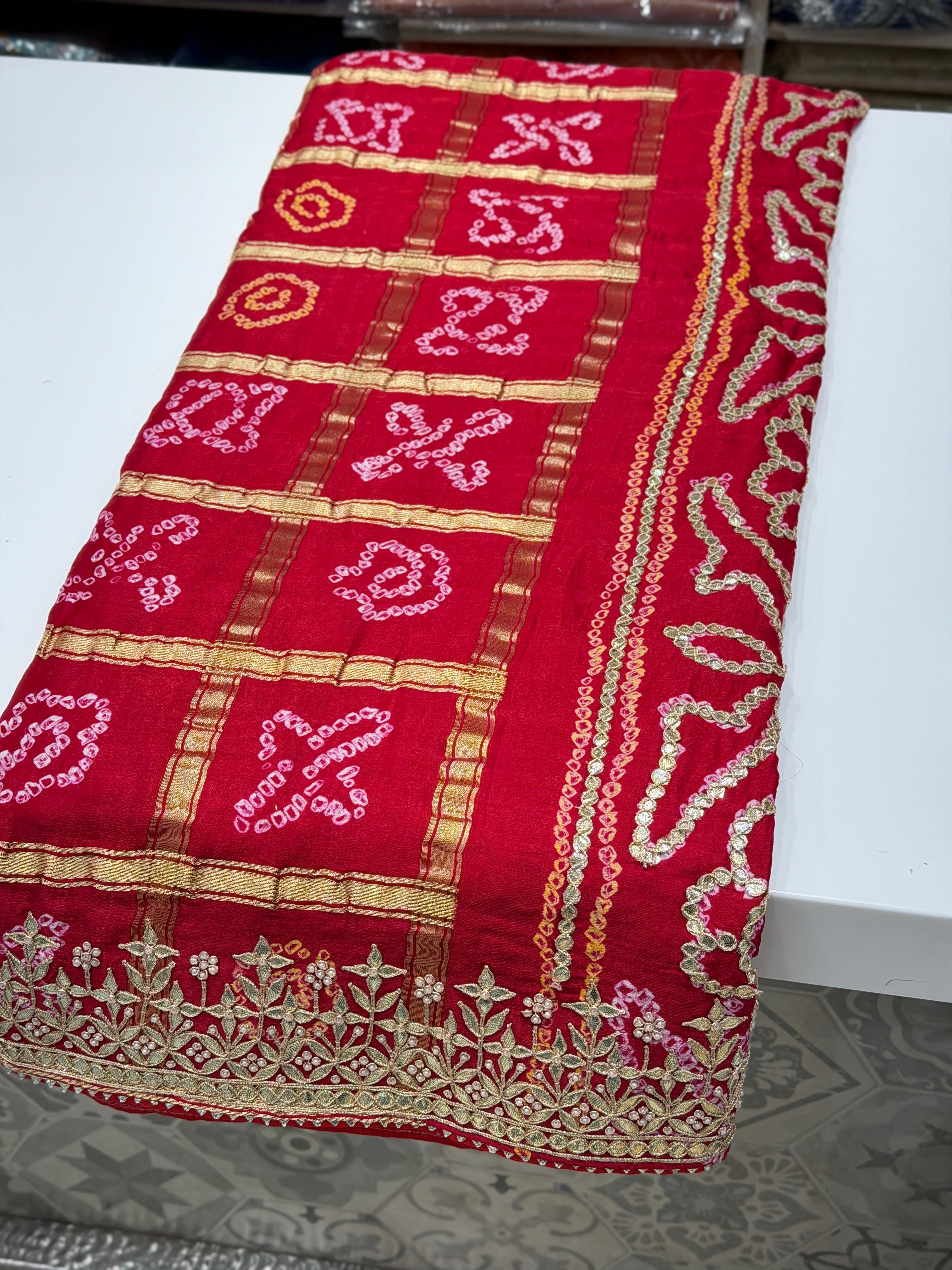 Red Bandhej Gharchola Marodi Gotapatti Hand Embroidery Saree