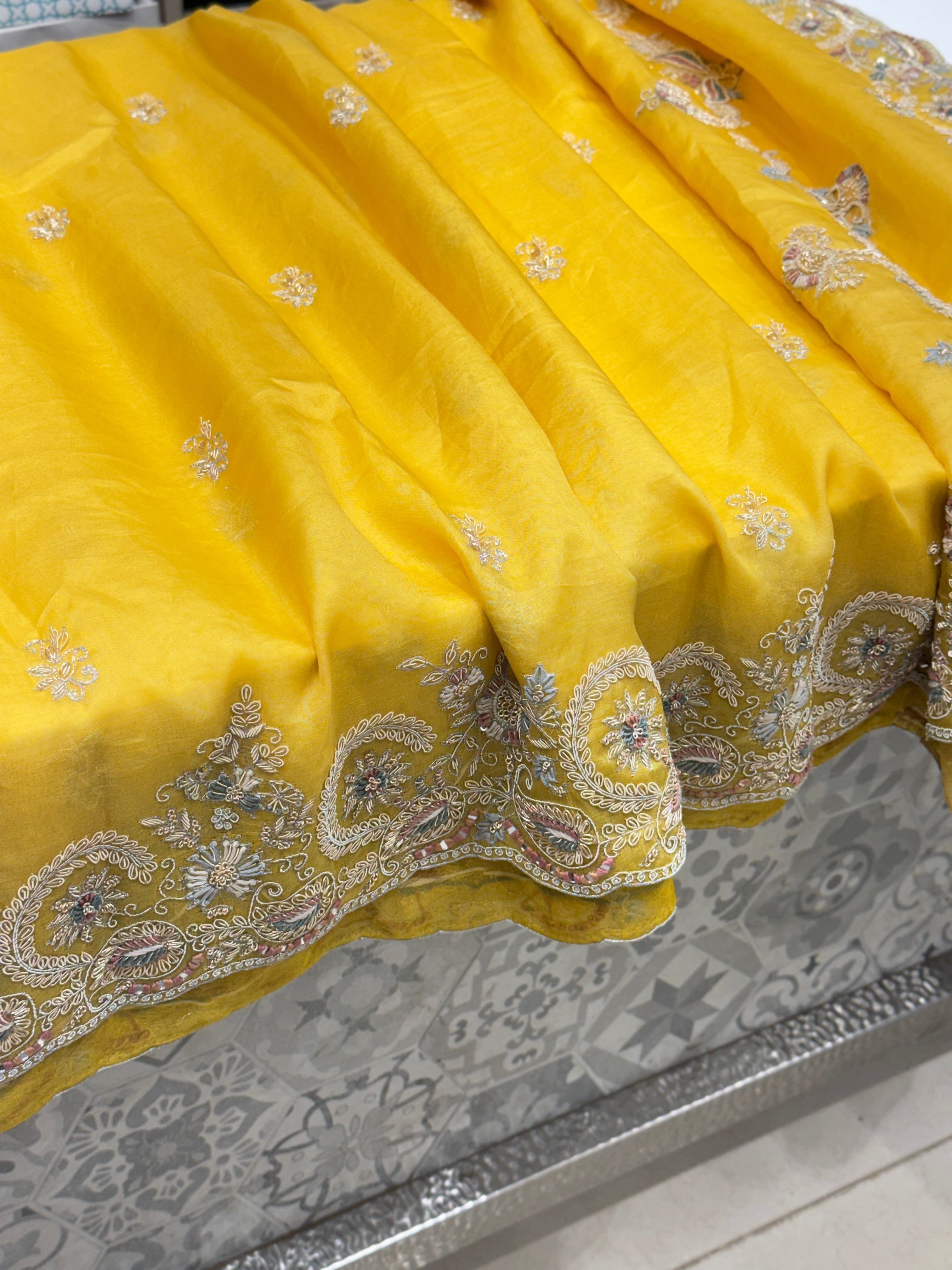 Yellow Organza Zardosi Resham Embroidery Saree