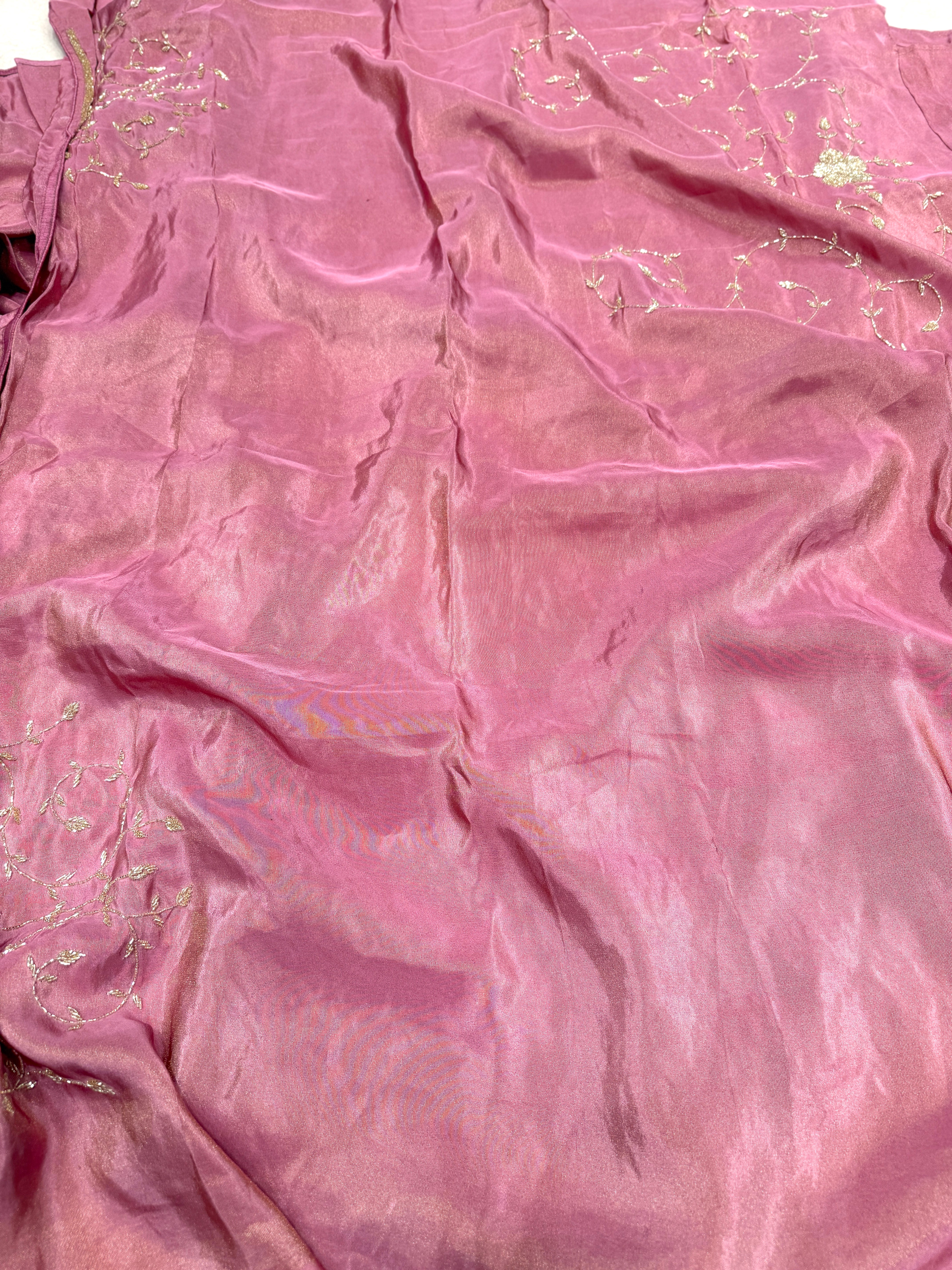 Pink Crepe Tissue Cutdana Knot Hand Embroidery Jaal Saree