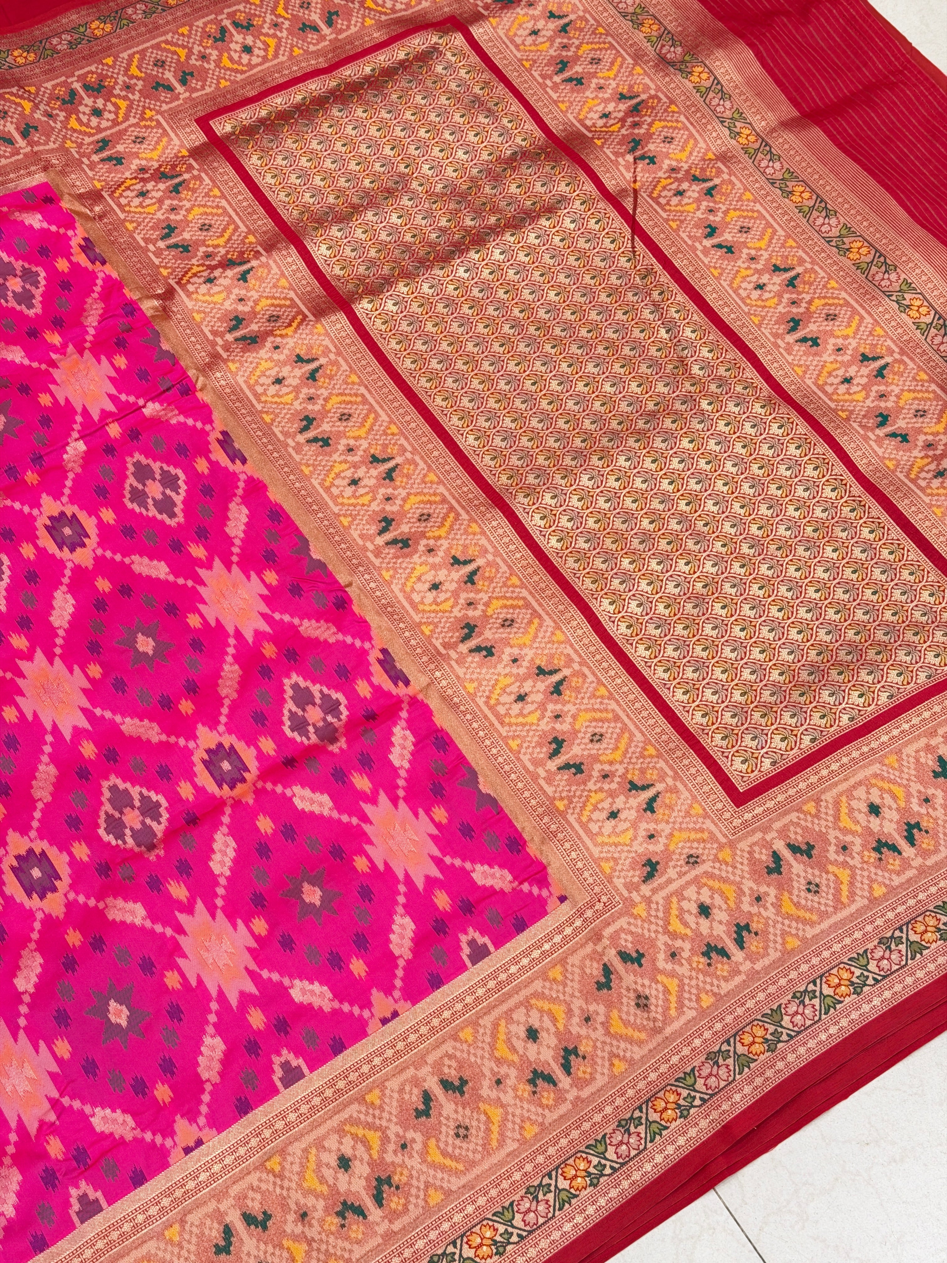 Rani Pink Ikat Patola Banarasi Weaved Jaal Saree