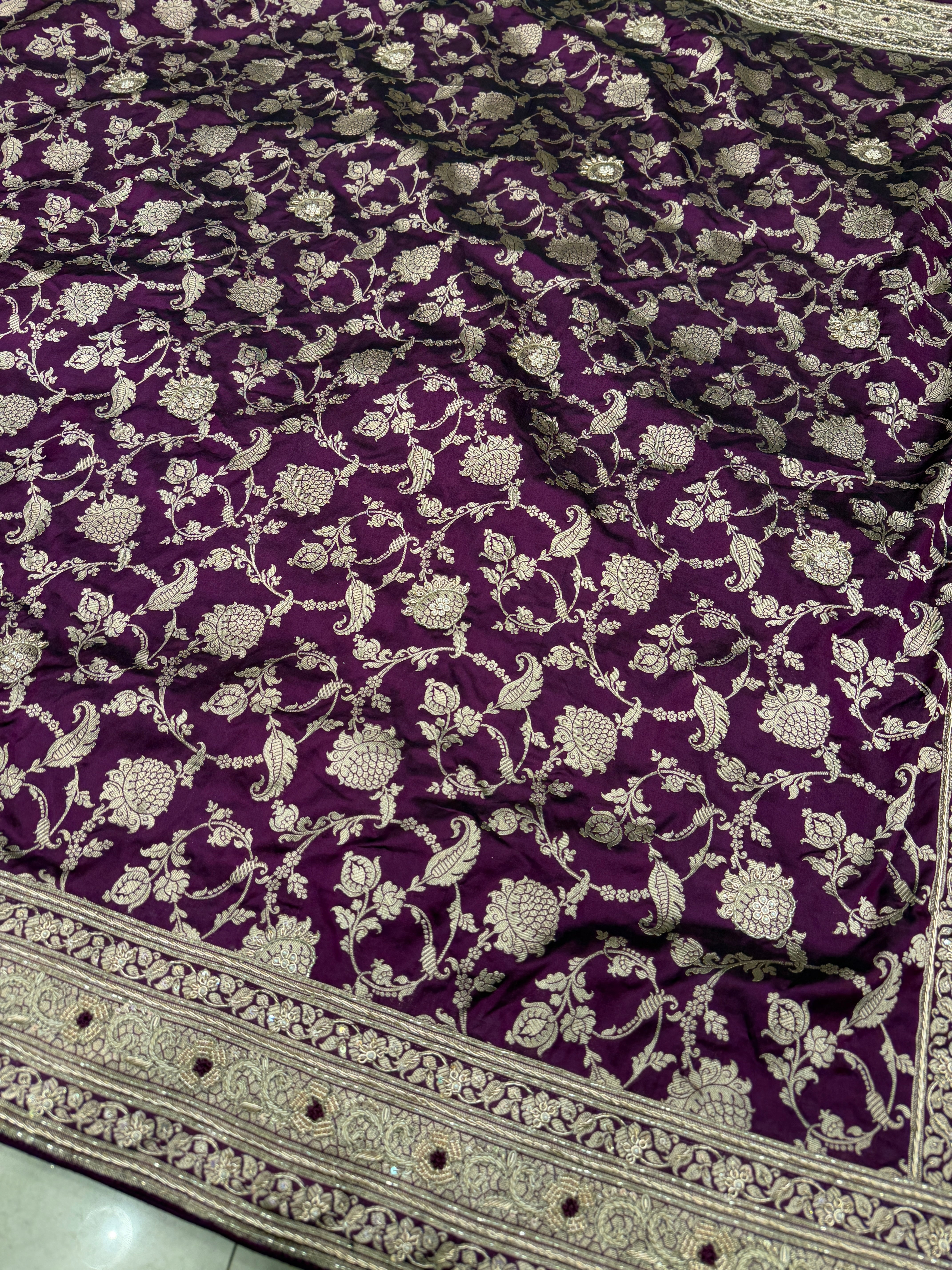 Wine Jaal Handloom Banarasi Katan Silk Zardosi Hand Embroidery Saree