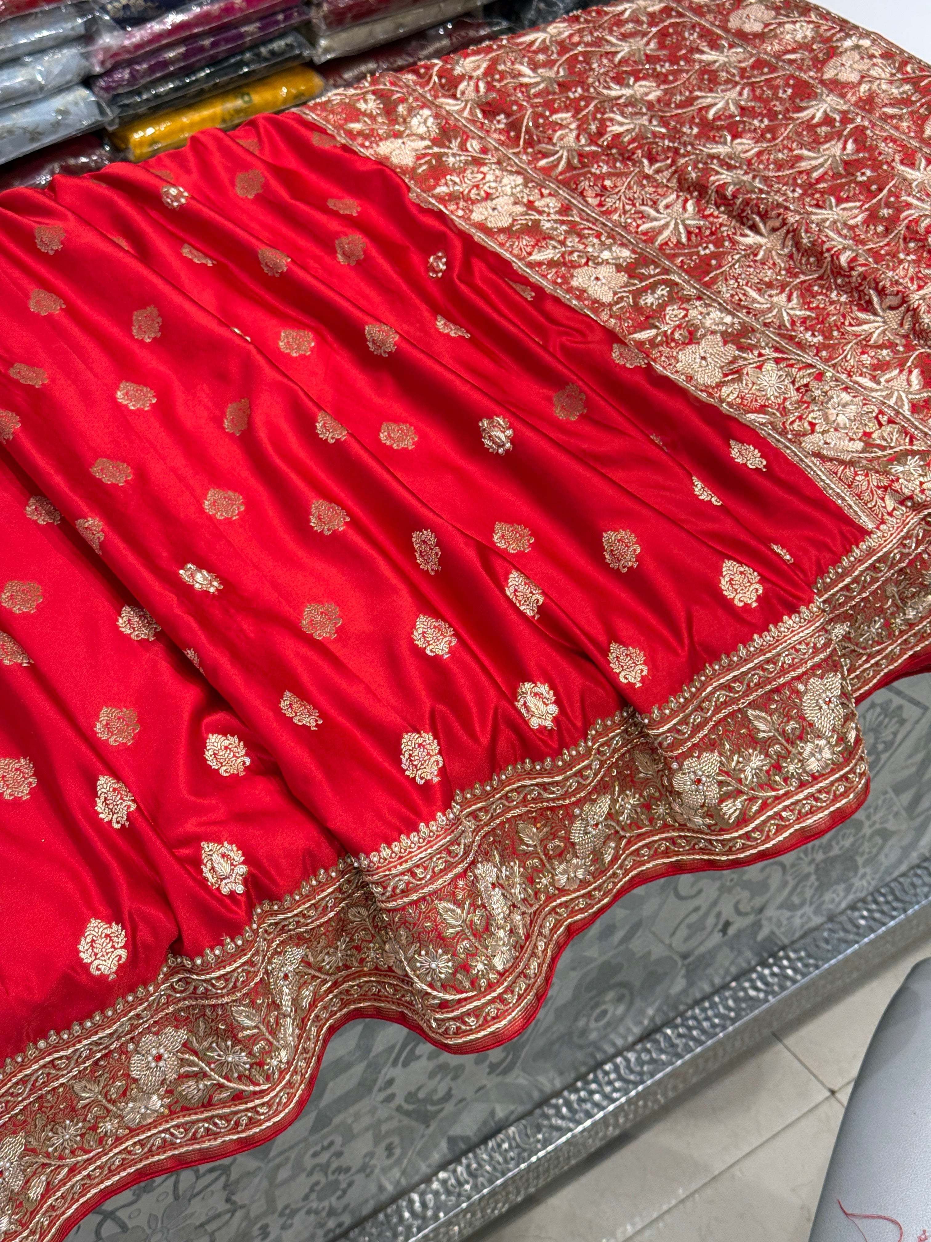 Red Banarasi Rose Border Zardozi Hand Embroidery Saree
