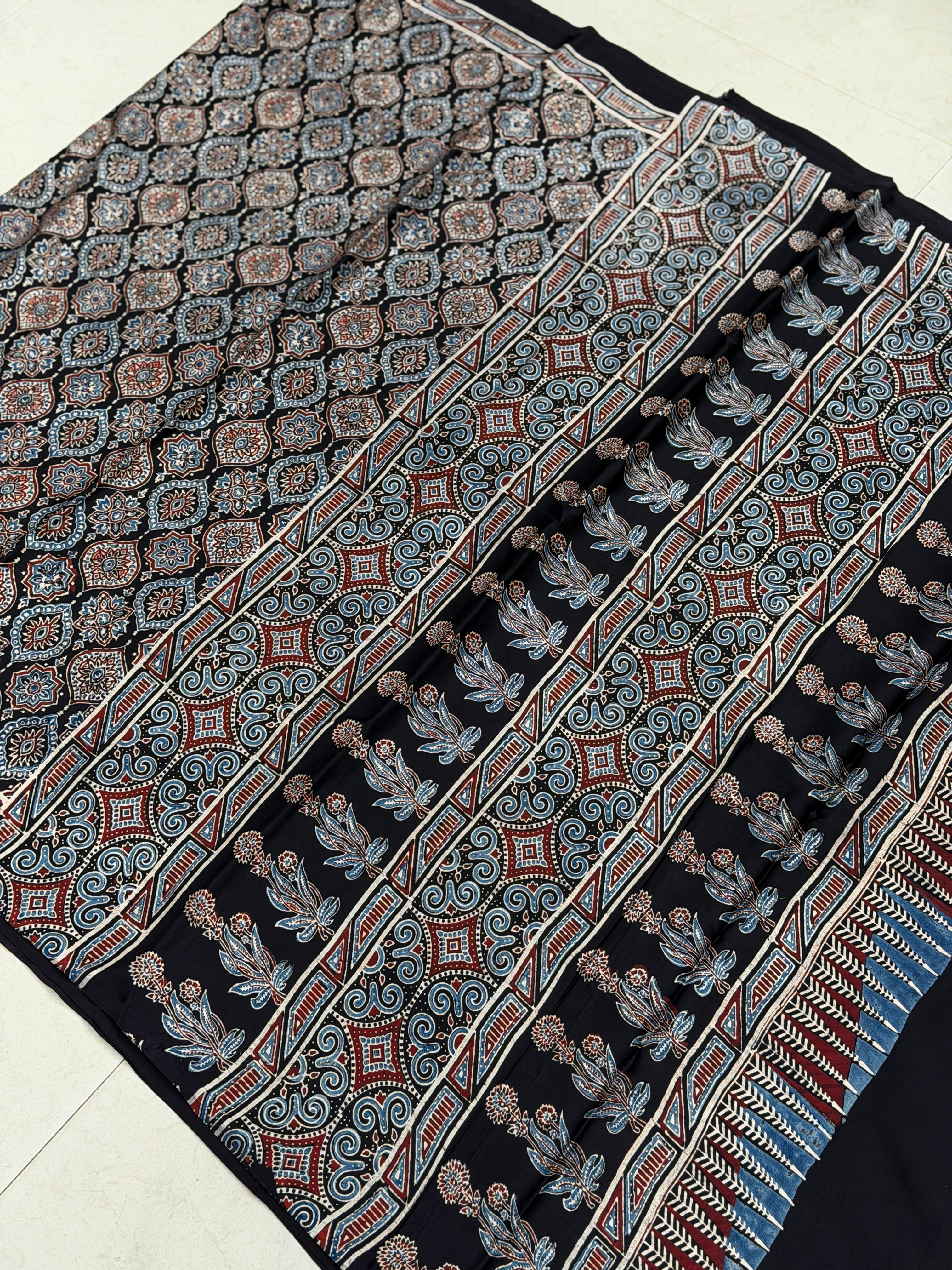 Black Small Badam Butta Ajrakh Hand Block Print Pure Modal Silk Saree